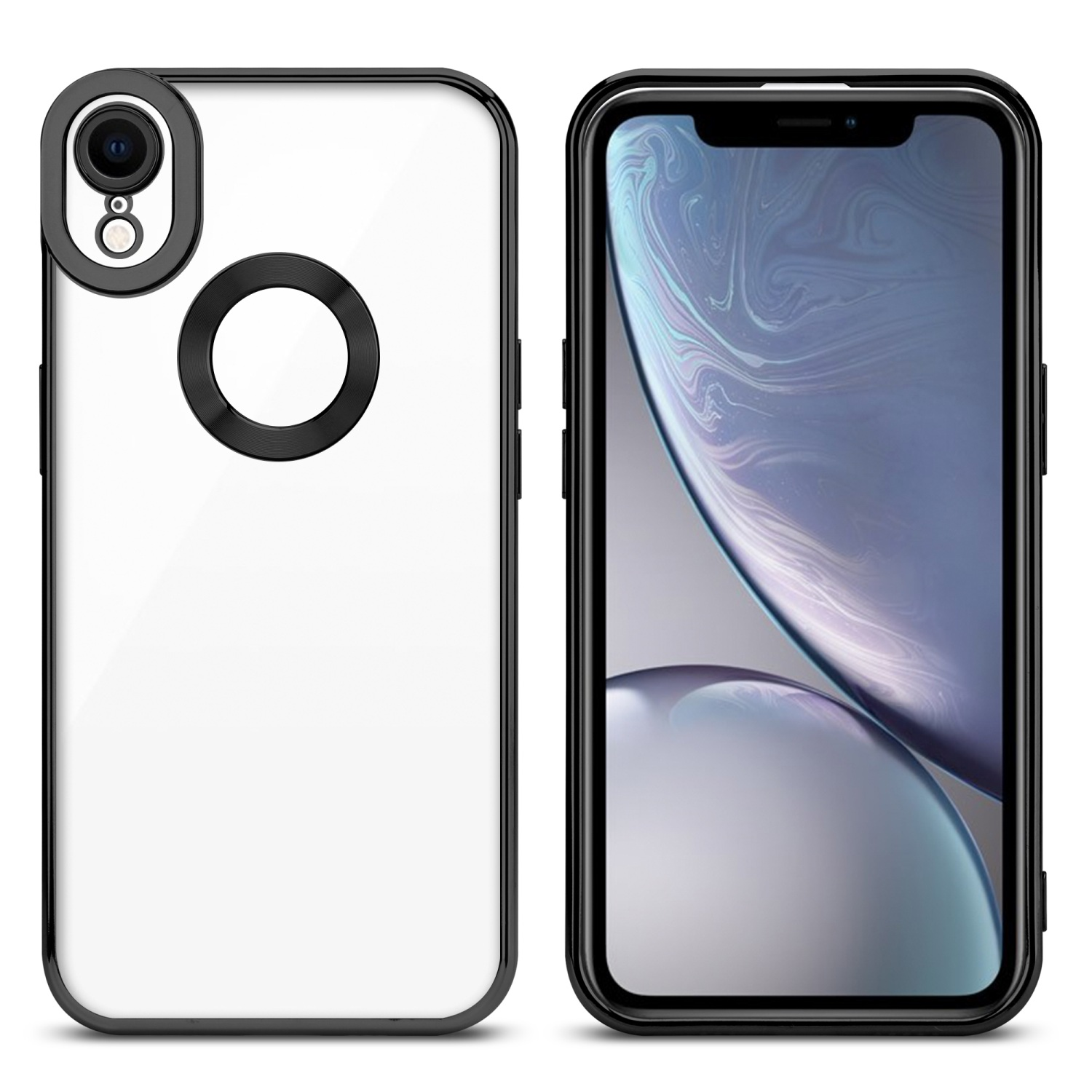 Una custodia trasparente per telefono con un paraurti nero, protezione per l'obiettivo della fotocamera e un iPhone con schermo colorato.