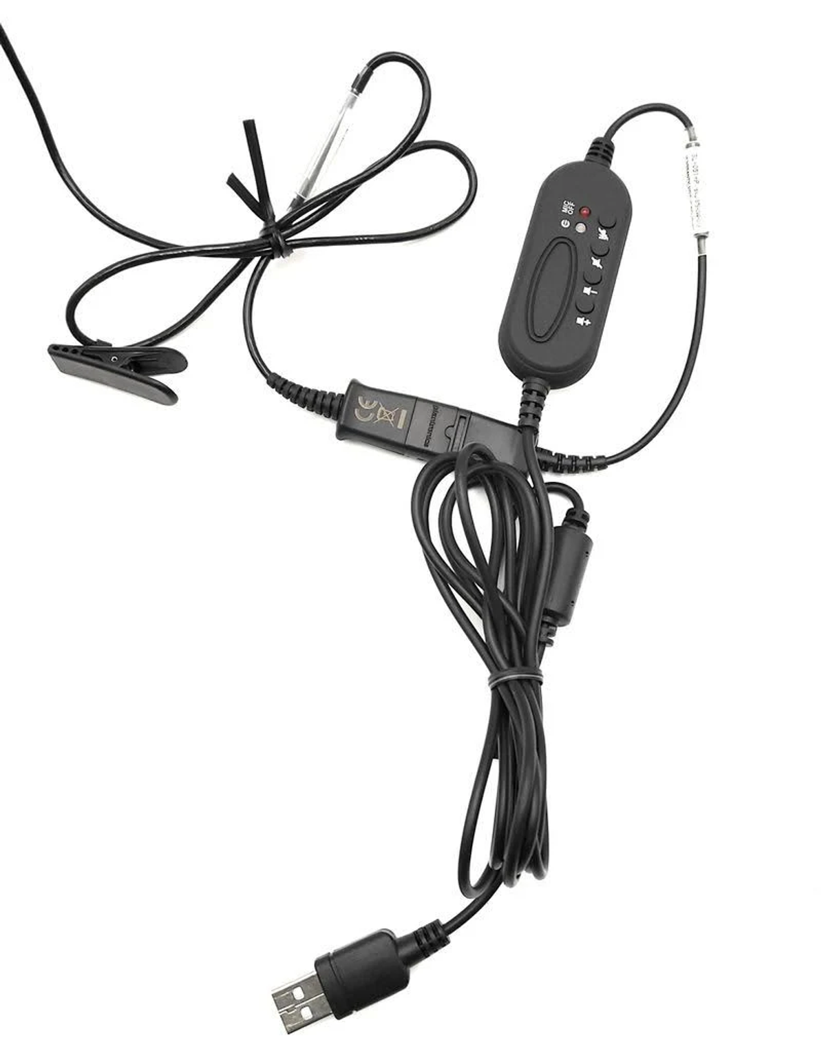 Black USB cable with a control unit and a clip, on a white background.