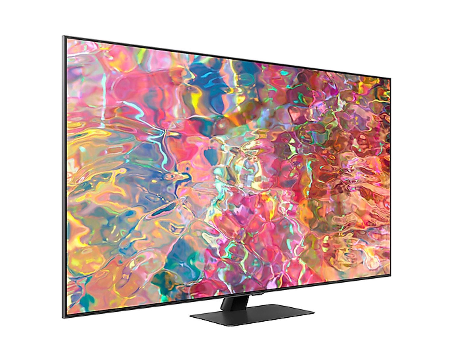 Duży telewizor z płaskim ekranem z kolorowym wyświetlaczem, czarną ramką i podstawą.