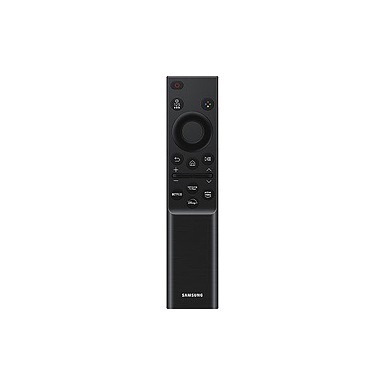 Czarny pilot do telewizora z wieloma przyciskami. Marka SAMSUNG jest nadrukowana na pilocie.