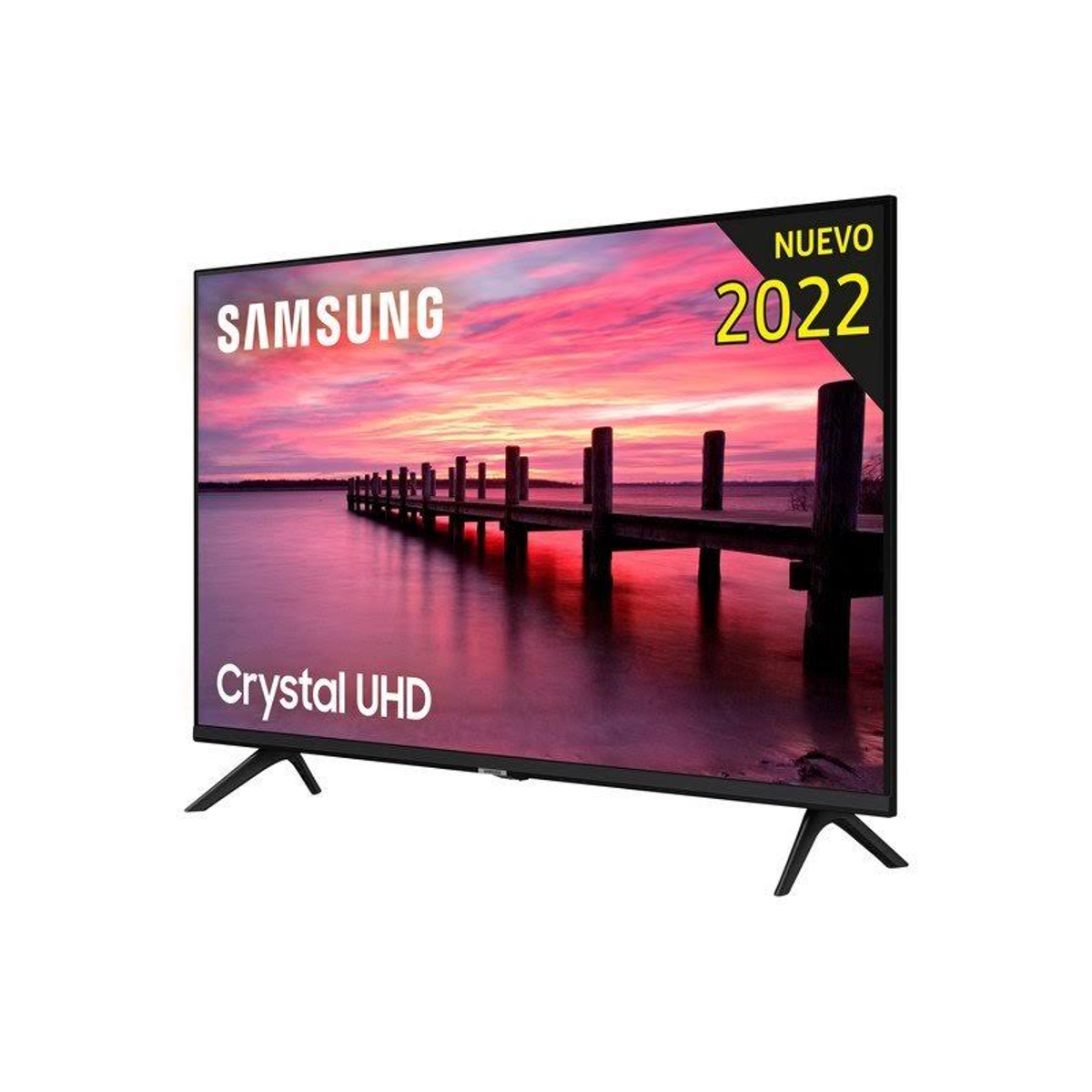 Nowy telewizor Samsung, Crystal UHD, z obrazem krajobrazu na ekranie.