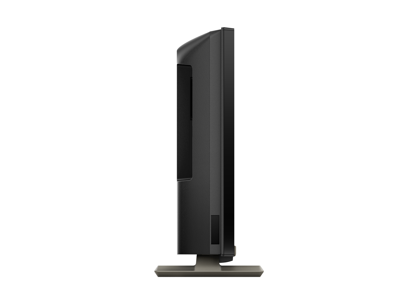 TV nero, vista laterale, con supporto. Isolato su sfondo bianco.