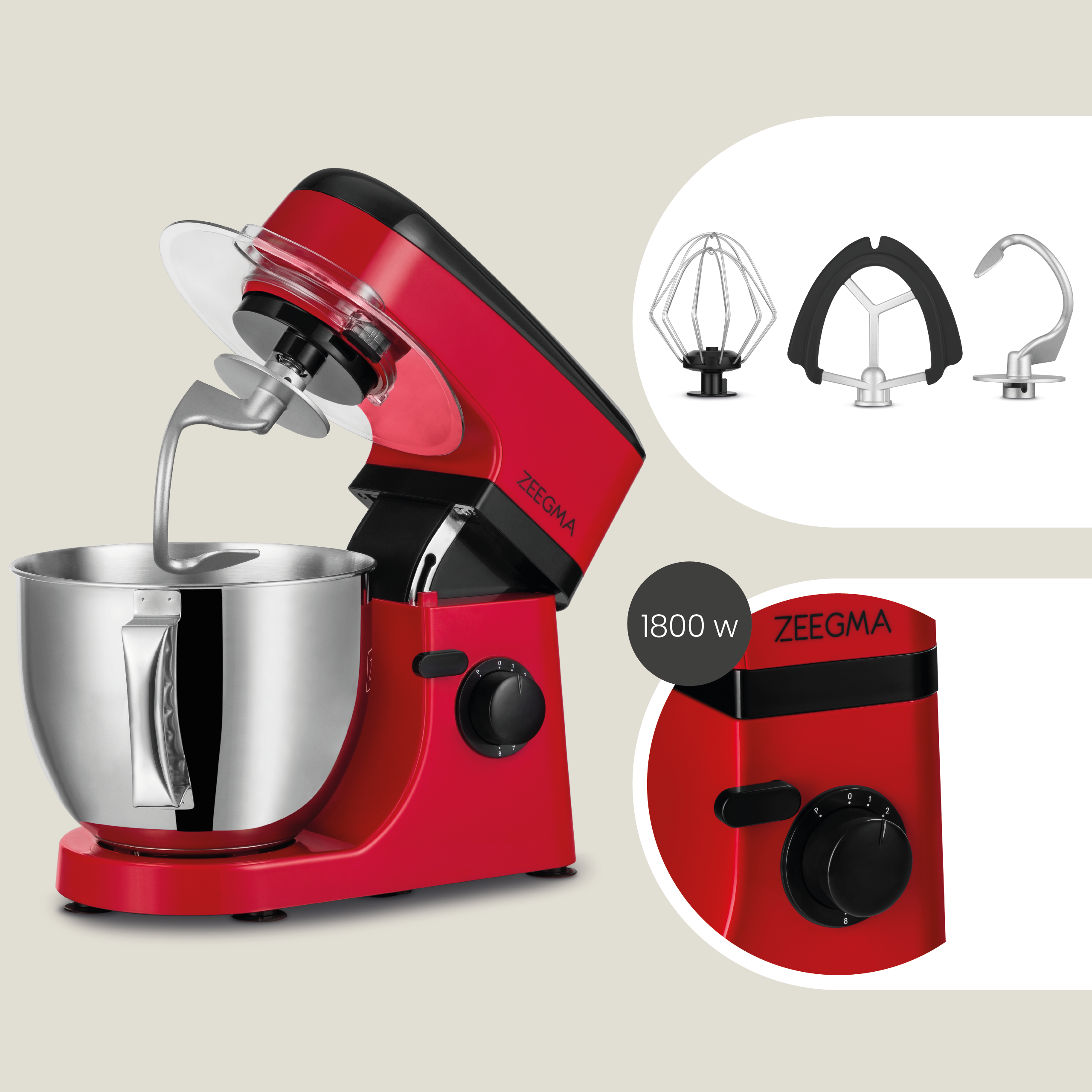 Un mixer da cucina rosso con accessori. Un primo piano mostra i comandi e la potenza del mixer.