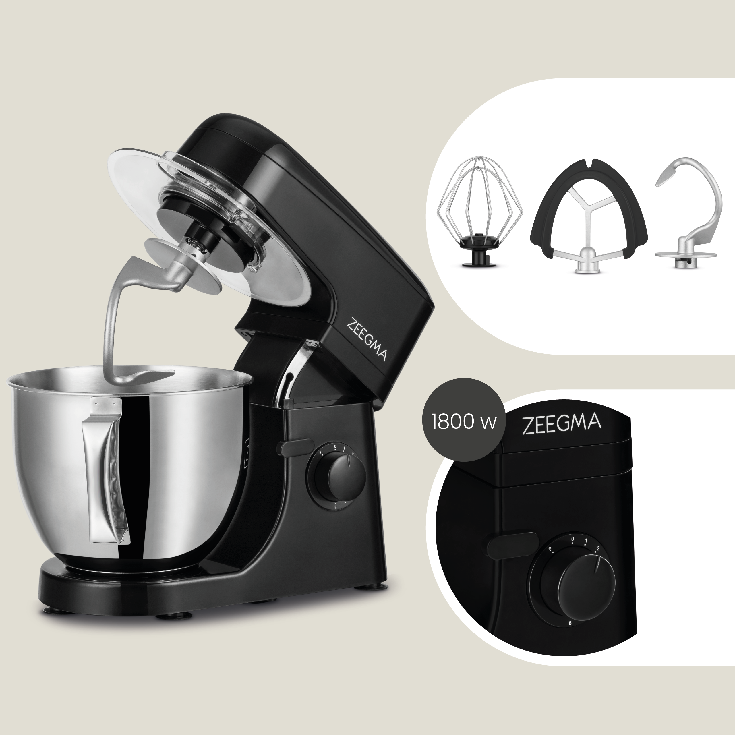 Czarny mikser kuchenny z misą i przystawkami, ze zbliżeniem.