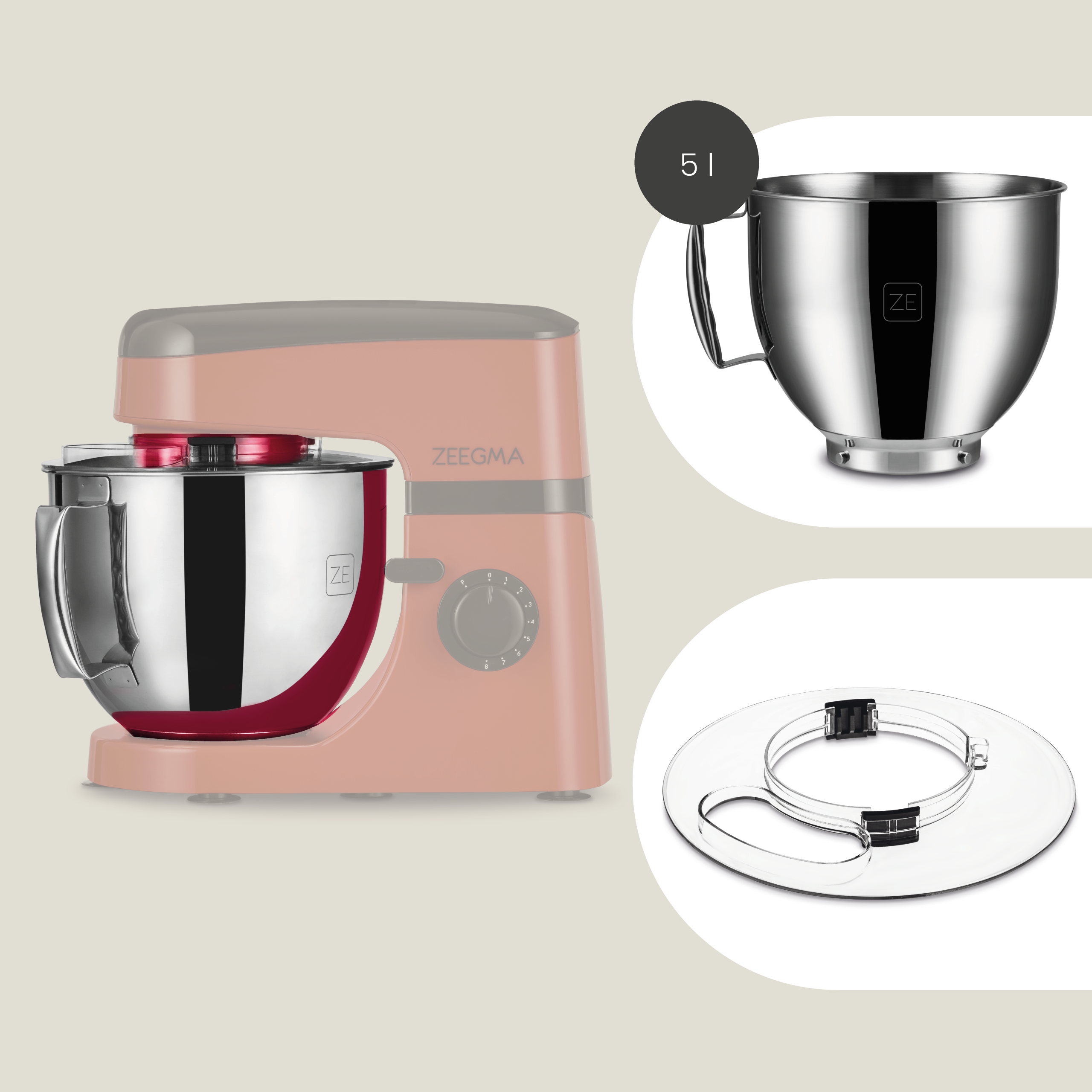 Un mixer da cucina rosso e argento con una ciotola e accessori, su sfondo beige.