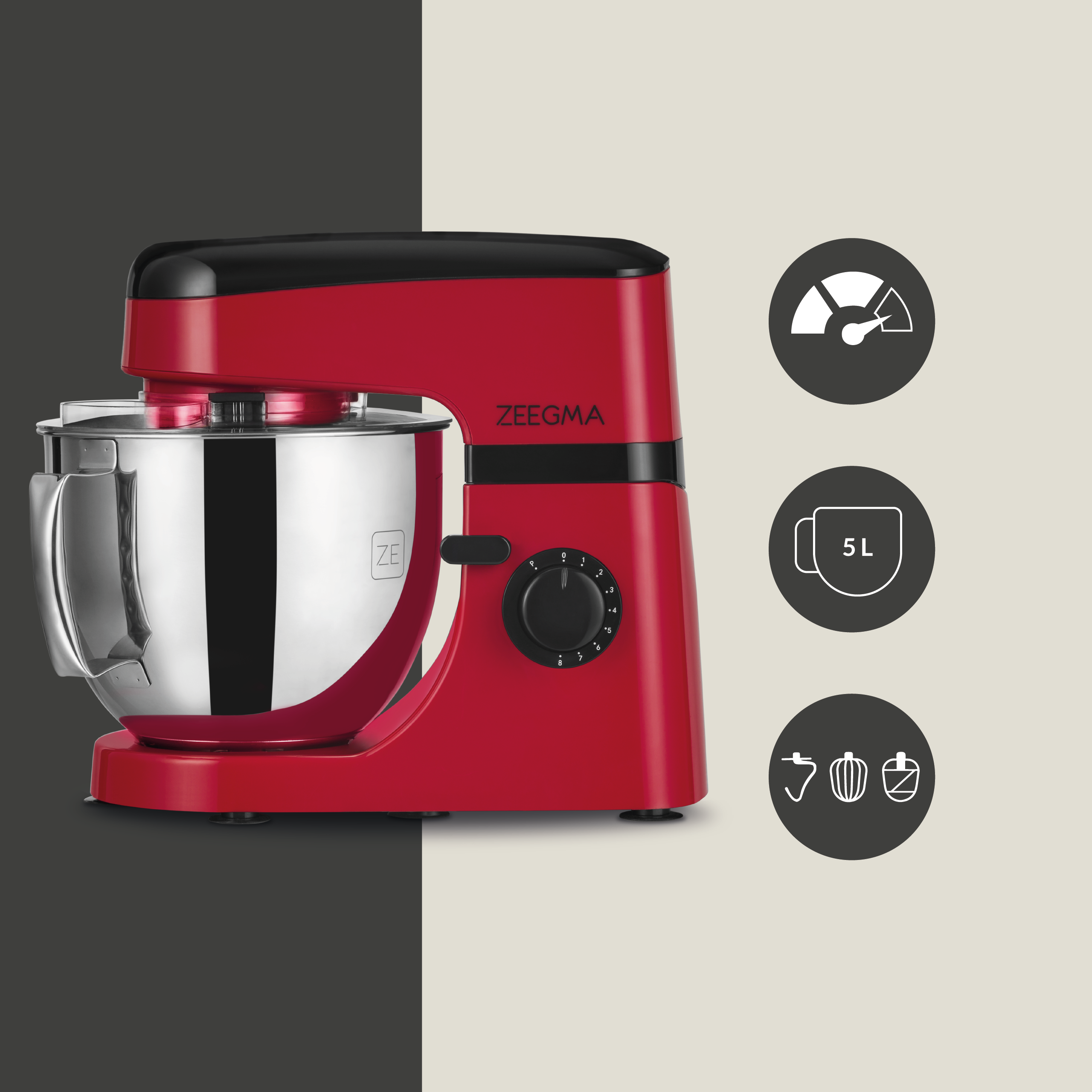 Frullatore da cucina Zeegma rosso su sfondo bicolore con icone di velocità e capacità.