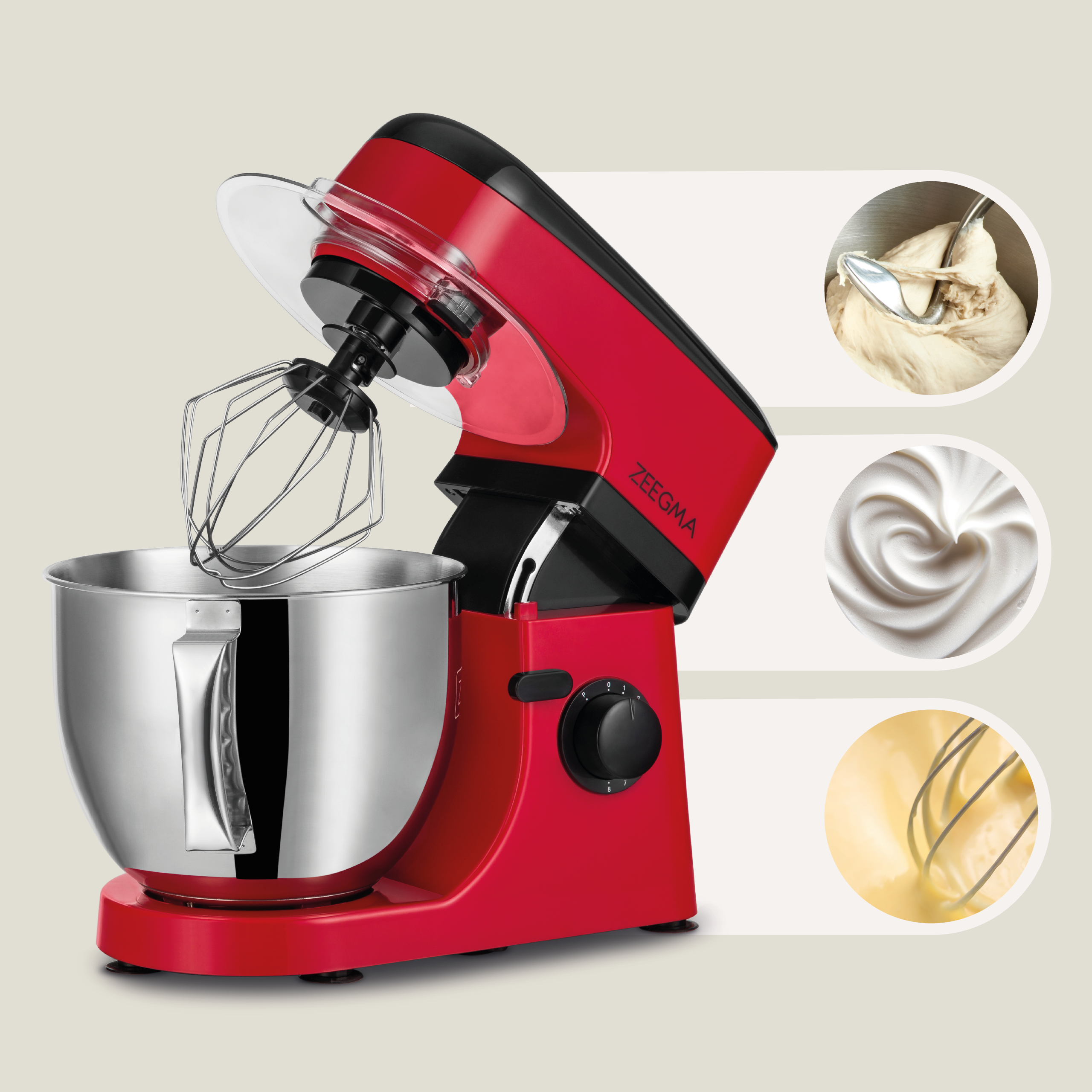 Un robot da cucina rosso con una ciotola in acciaio inox. Include accessori per miscelare, frullare e montare.