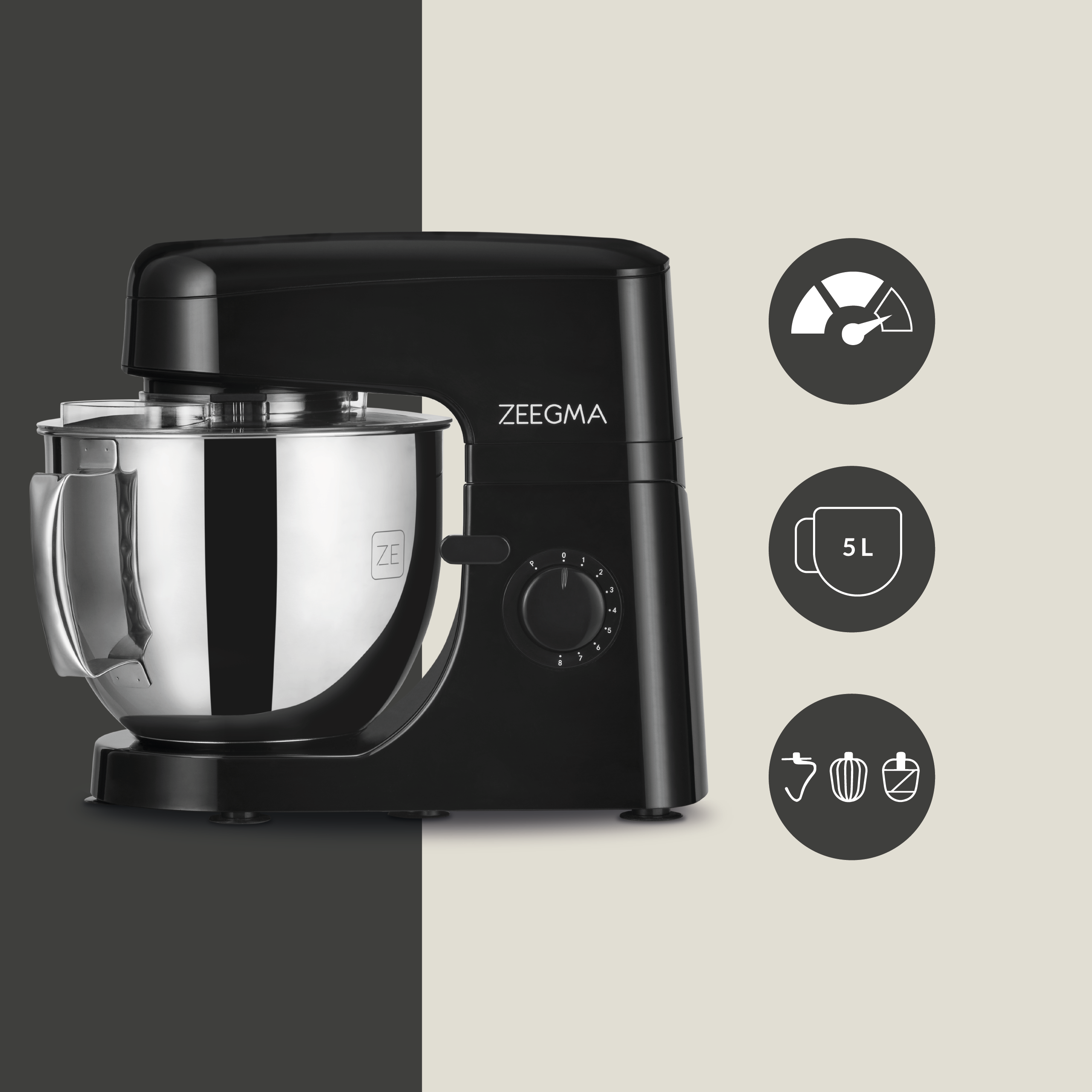 Czarny mikser stojący ze stalową misą i ikonami prędkości i pojemności.