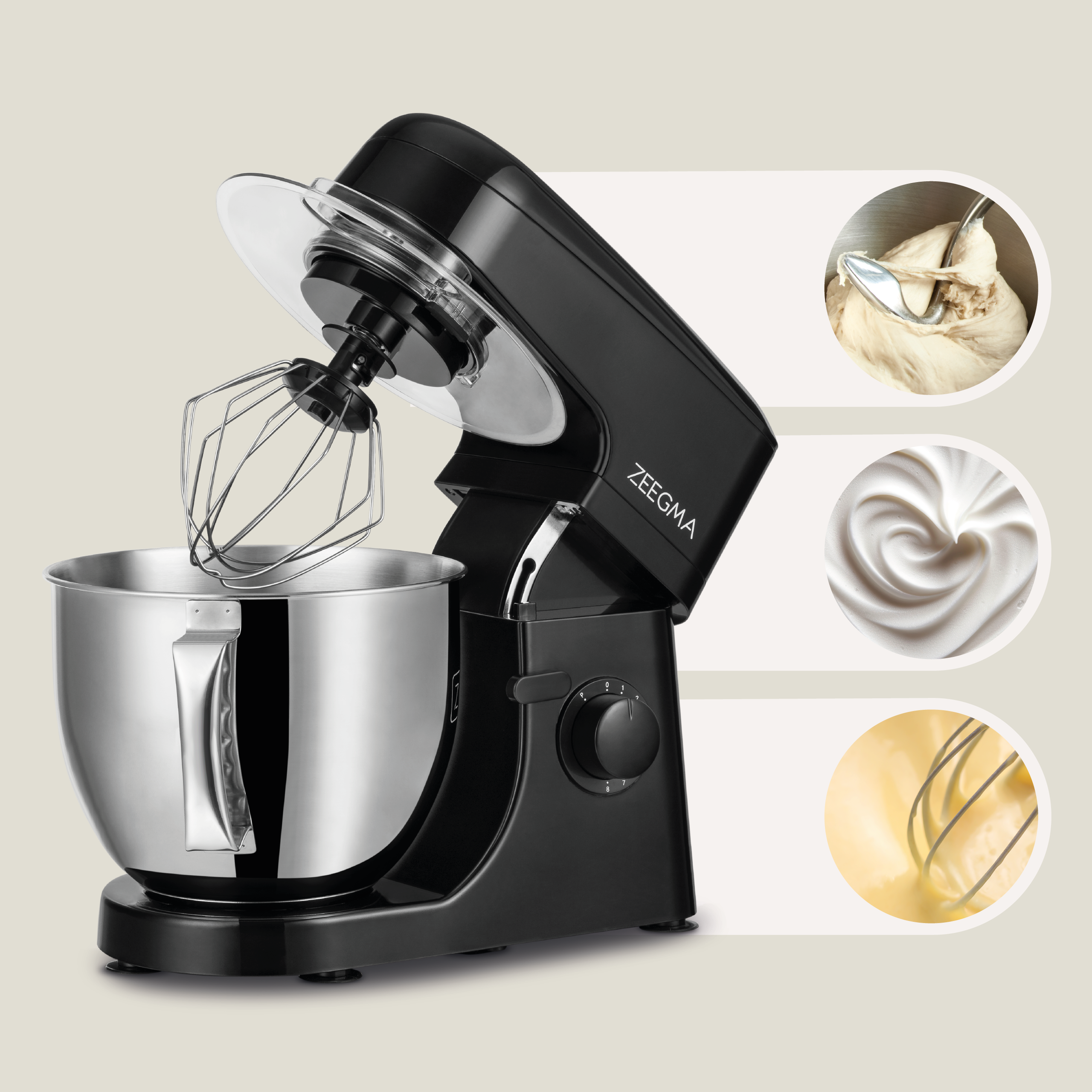 Czarny mikser stojący z przystawkami i składnikami. Mikser jest z przodu, z obrazami wyników po prawej stronie.