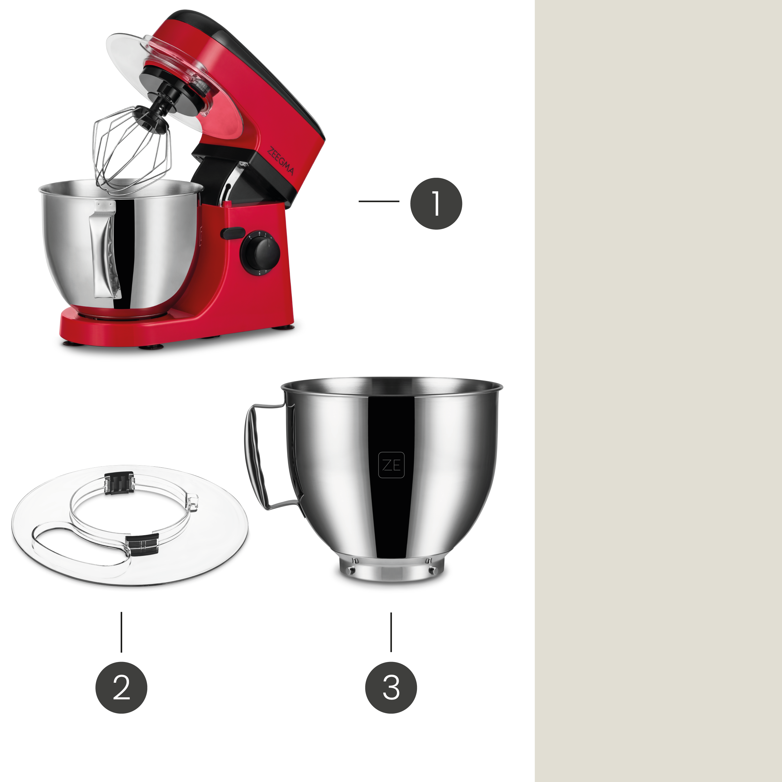 Roter Küchenmixer mit drei Komponenten: Mixer, Schüssel und Spritzschutz. Alle nummeriert.