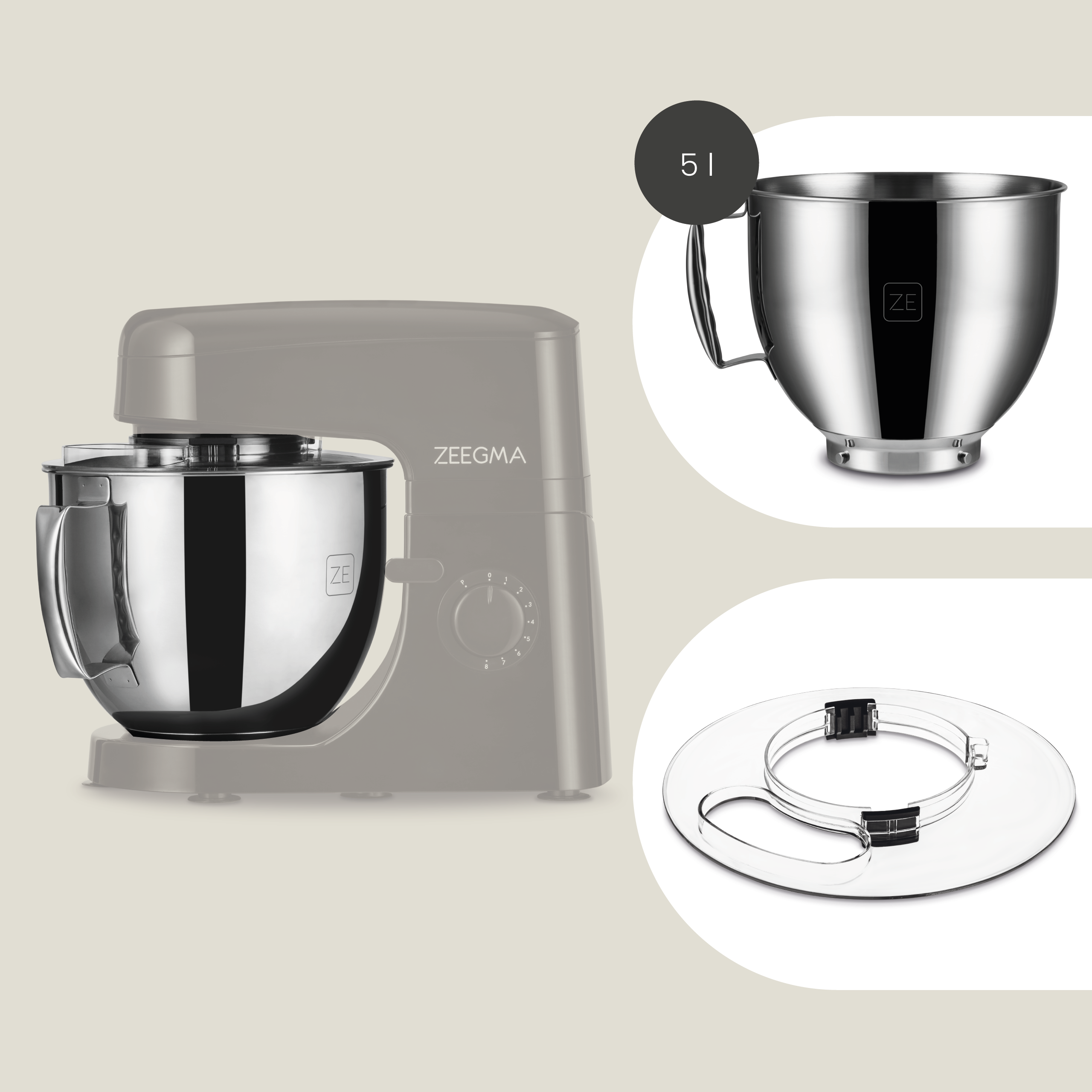 Szara mikser stojący z misą ze stali nierdzewnej, osobną misą i pokrywą na jasnym tle.