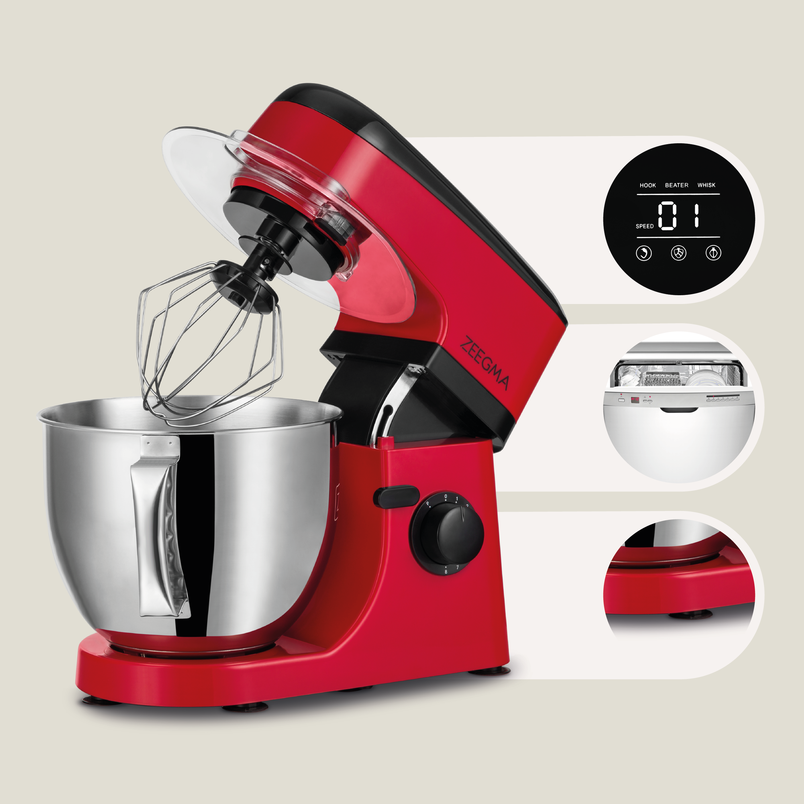 Un robot da cucina rosso. Ha una ciotola in acciaio inossidabile e una frusta.