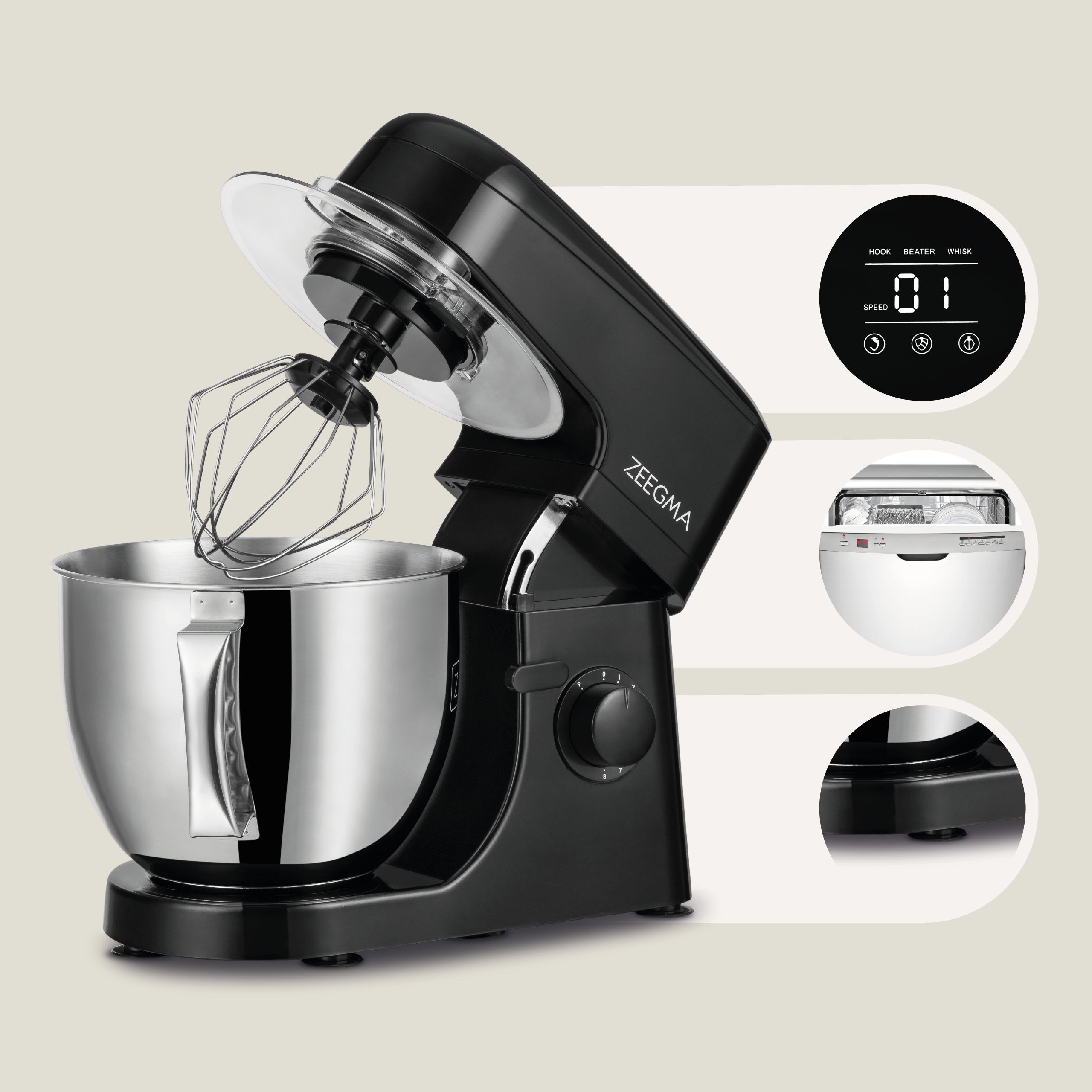 Czarny mikser stojący z końcówką do ubijania i panelem sterowania, na jasnym tle.