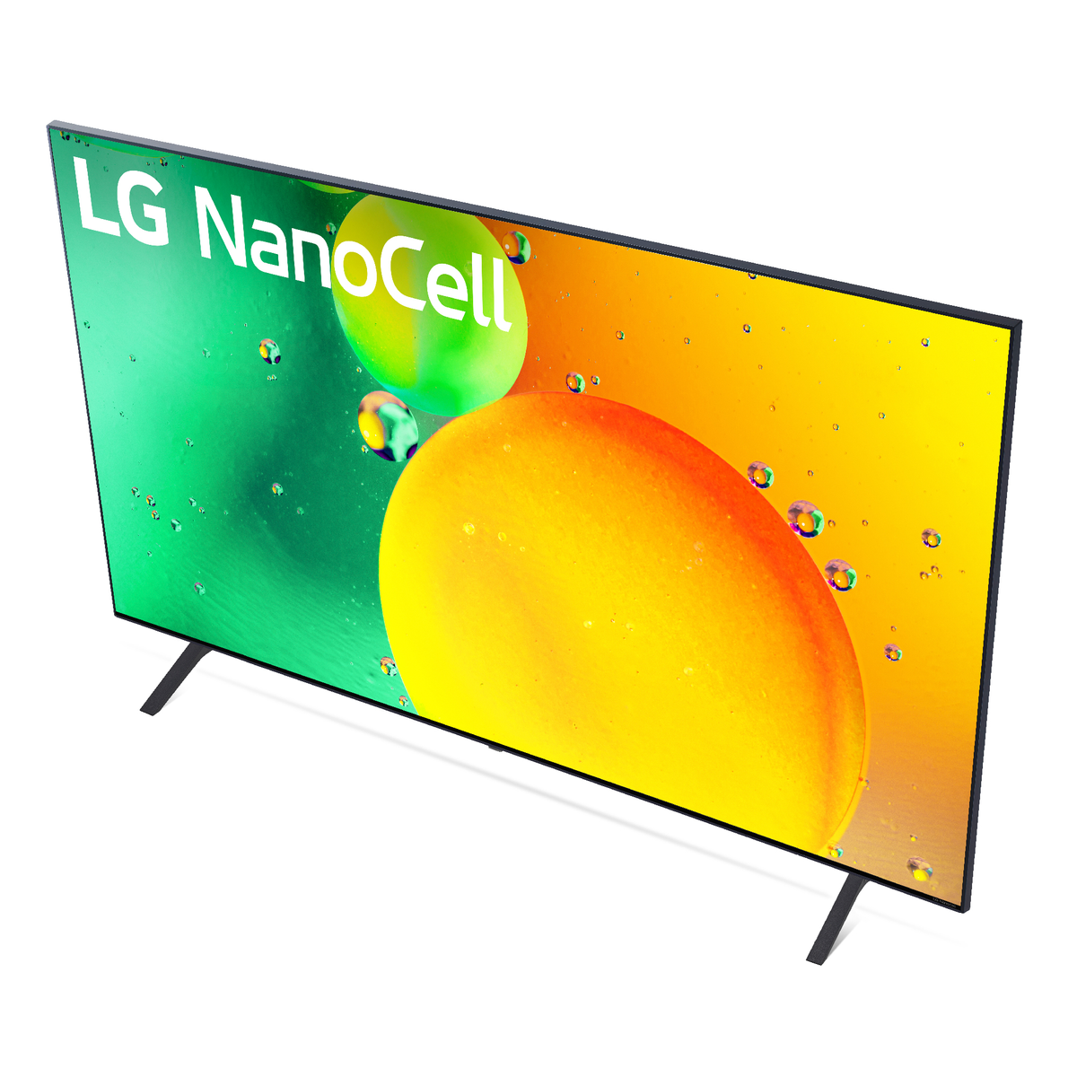 Telewizor LG NanoCell, widok pod kątem. Ekran pokazuje abstrakcyjne żółte i zielone kształty.