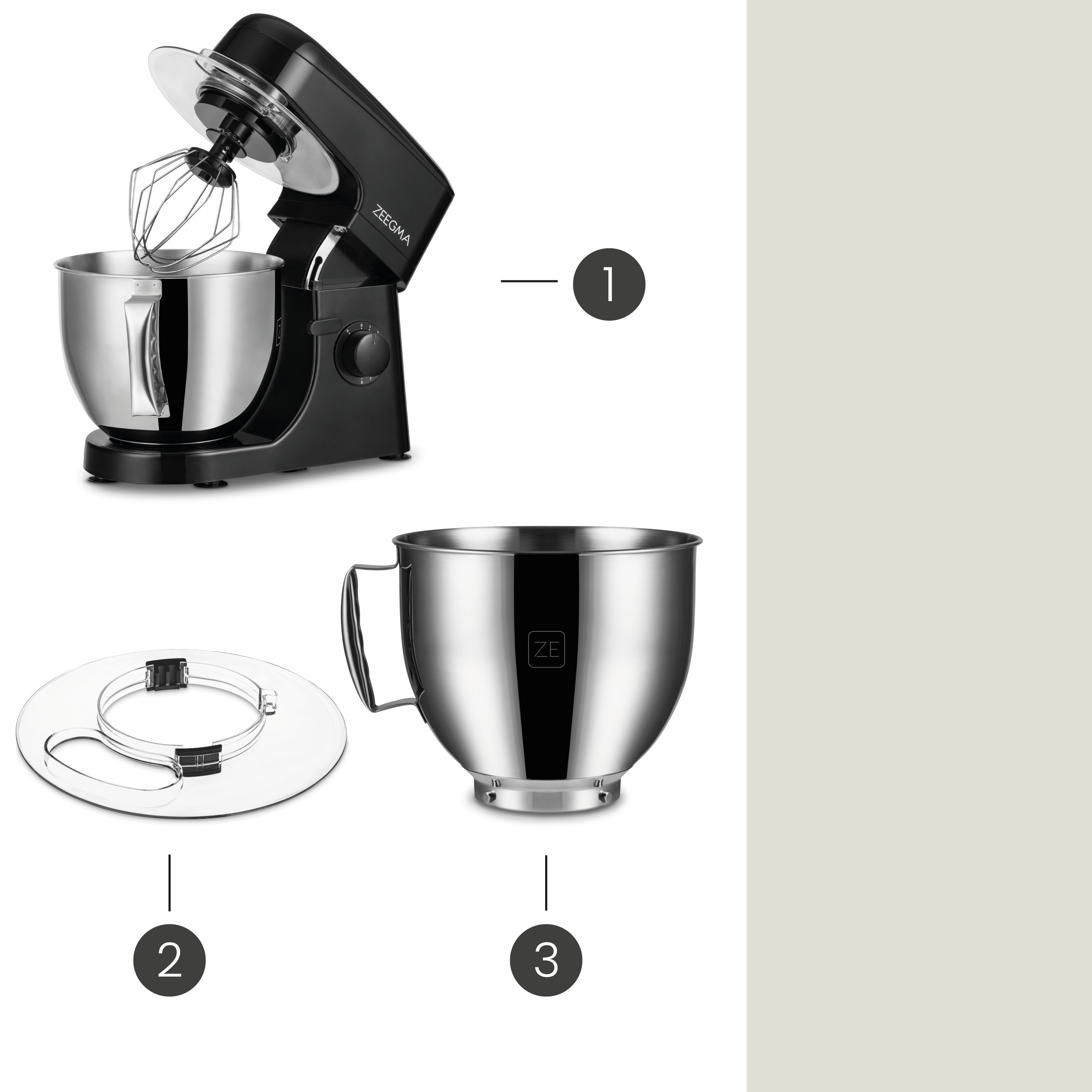 Ein schwarzer Küchenmixer mit Aufsätzen. Drei Teile sind mit Zahlen gekennzeichnet.
