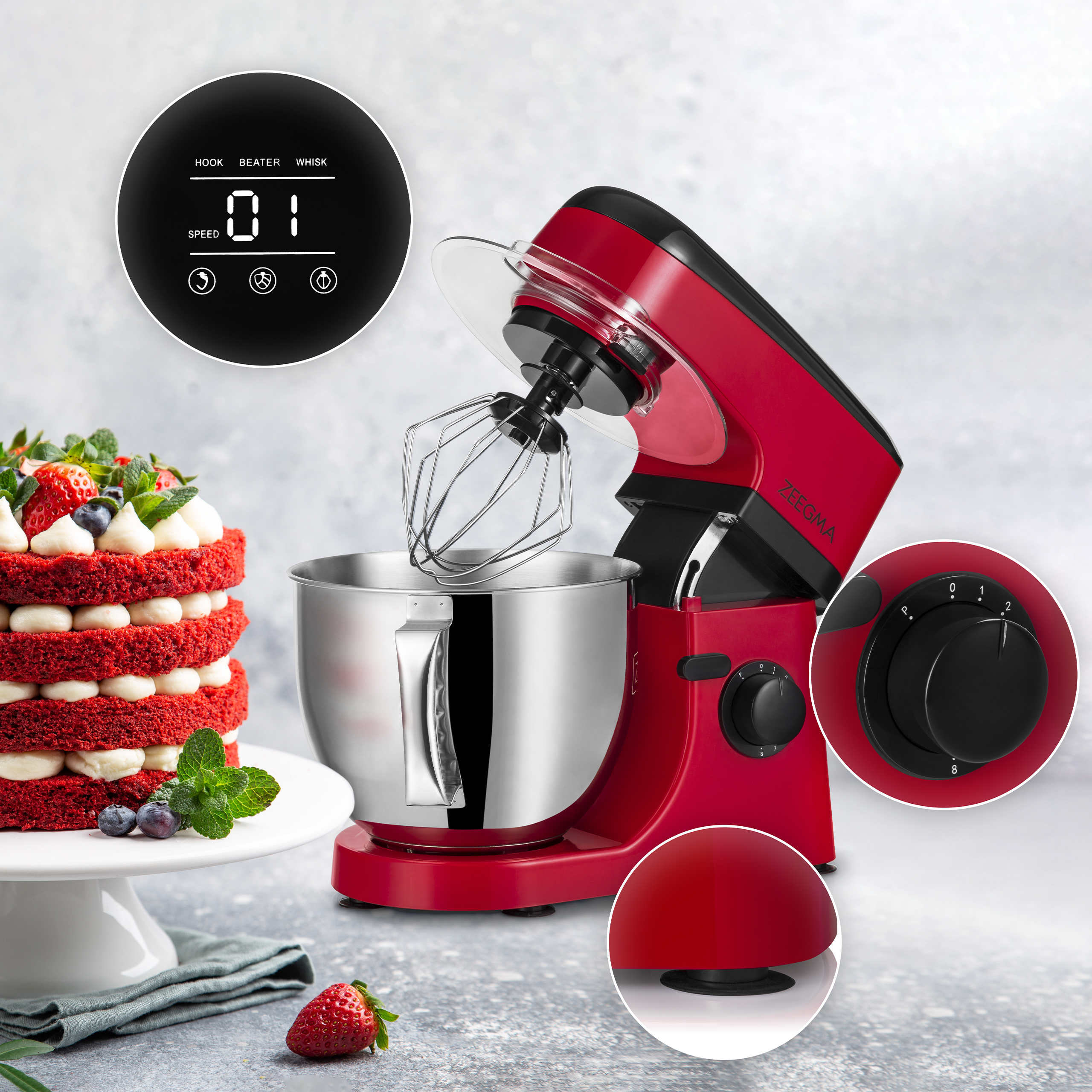 Robot da cucina rosso con accessori e torta a sinistra, con display.