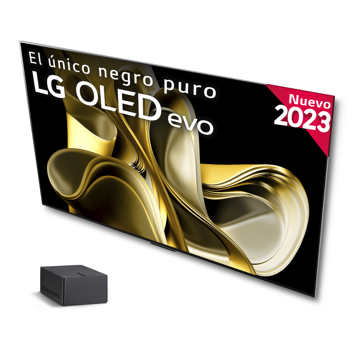 TV LG OLED evo con testo sullo schermo, 'El único negro puro' e 'Nuevo 2023'. Una scatola nera davanti.