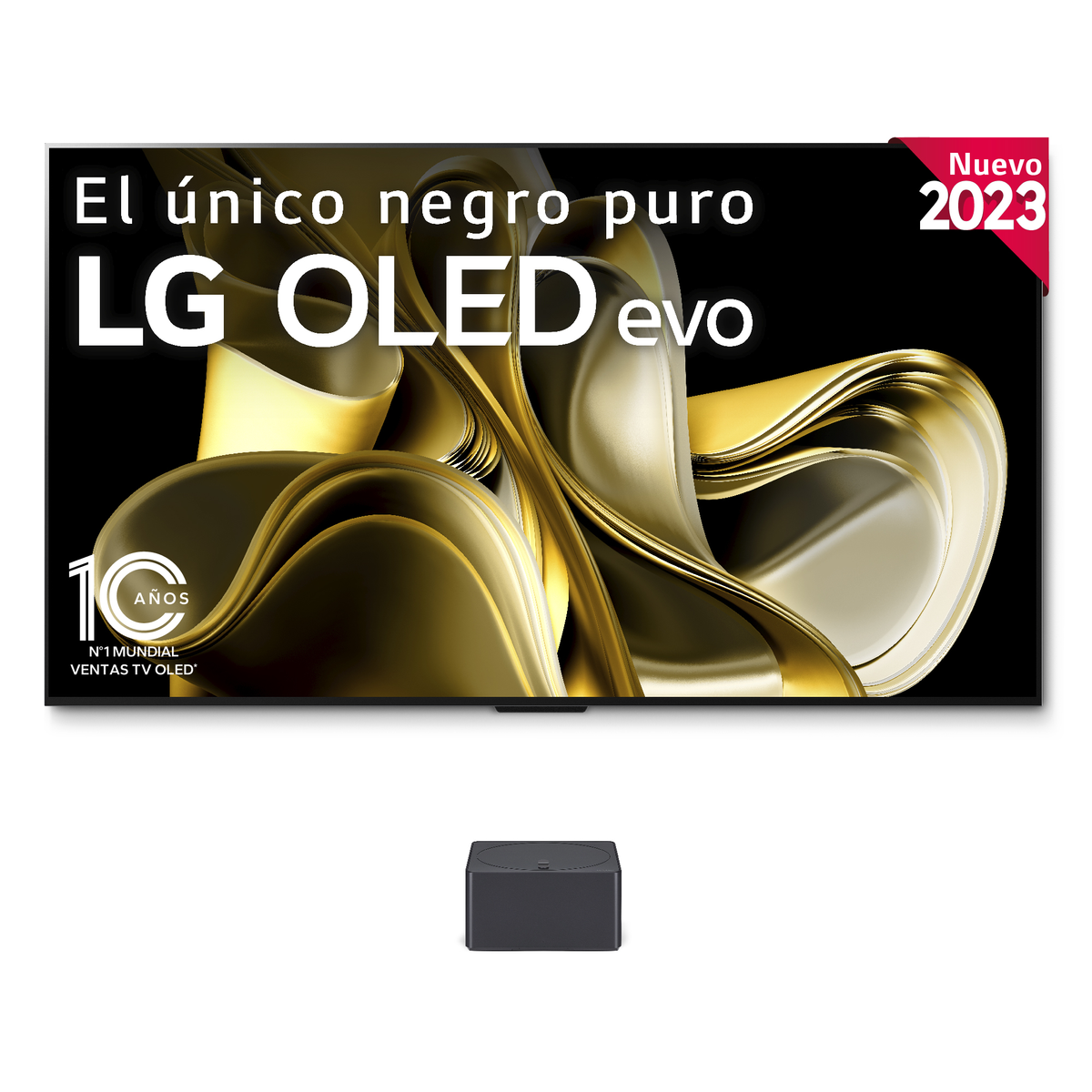 Un grande TV LG OLED evo con dettagli dorati e la scritta 'Nuevo 2023' su sfondo bianco.