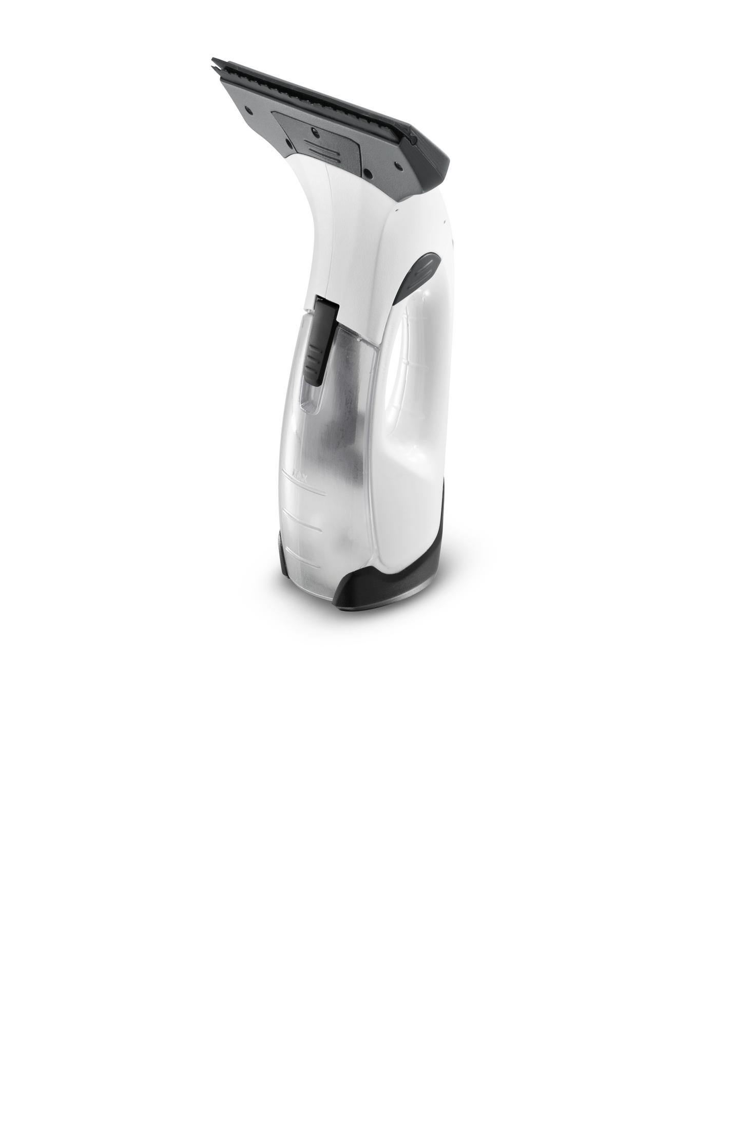 Weißer Handfensterreiniger. Er hat einen schwarzen Griff und einen Wassertank. Der Hintergrund ist weiß.