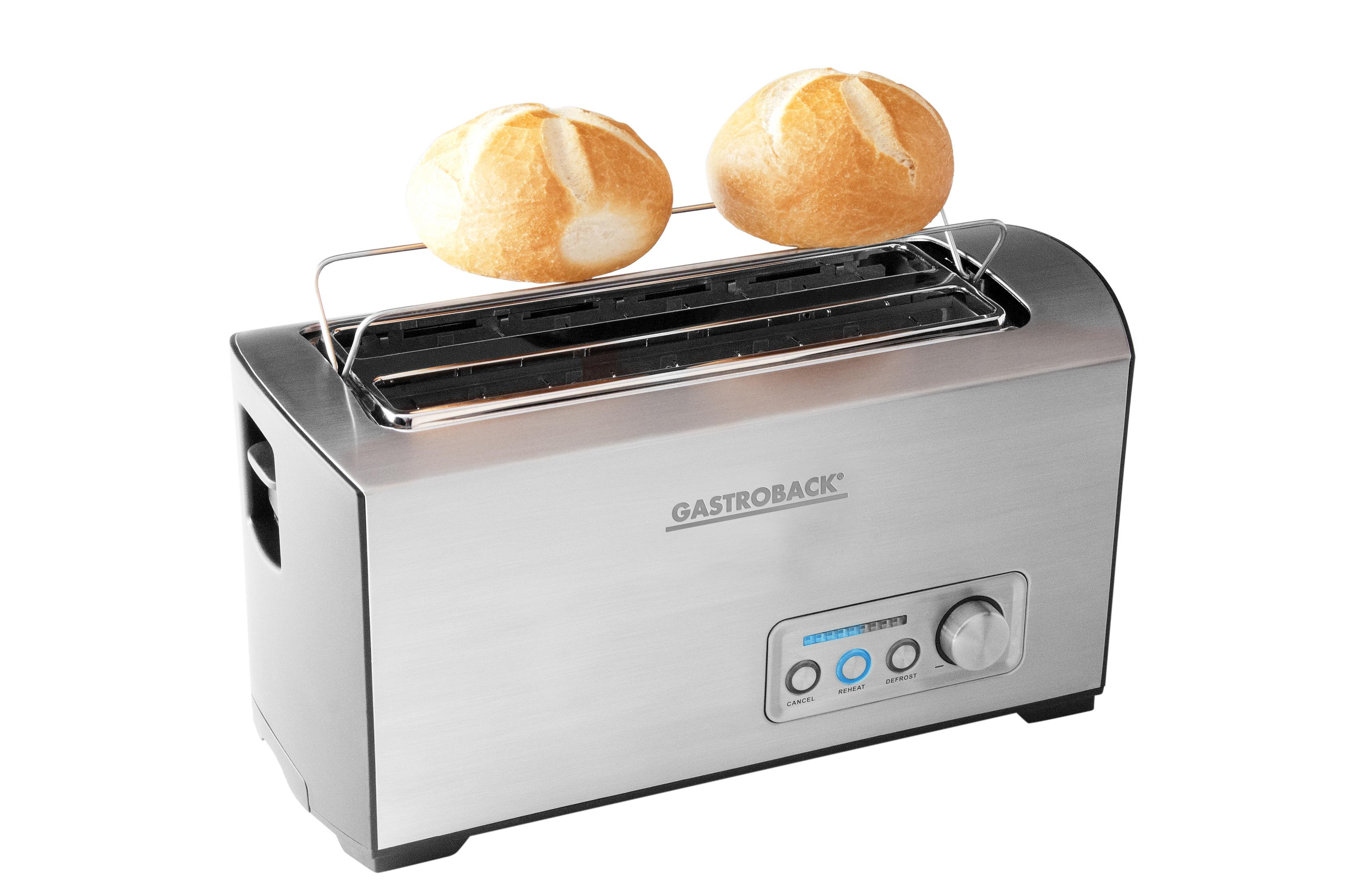 Toaster aus Edelstahl mit zwei gerösteten Brötchen oben drauf.