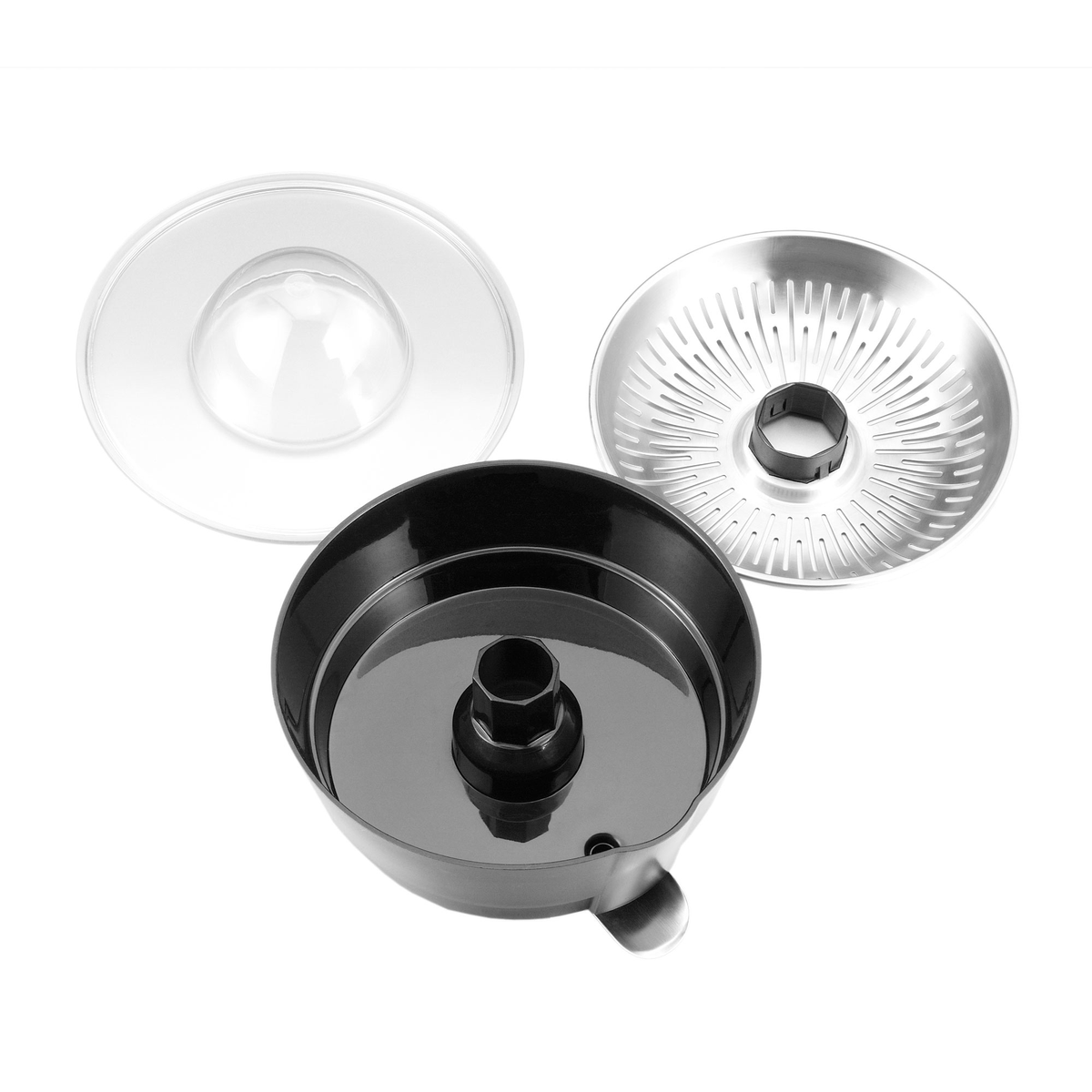 Entsafterteile, darunter ein schwarzer Sockel, ein Edelstahlfilter und ein klarer Deckel.