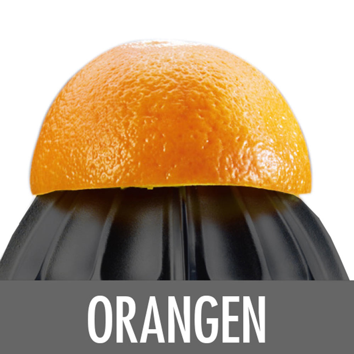 Halbe Orange auf einem schwarzen Entsafter. Darunter steht das Wort 'ORANGEN'.