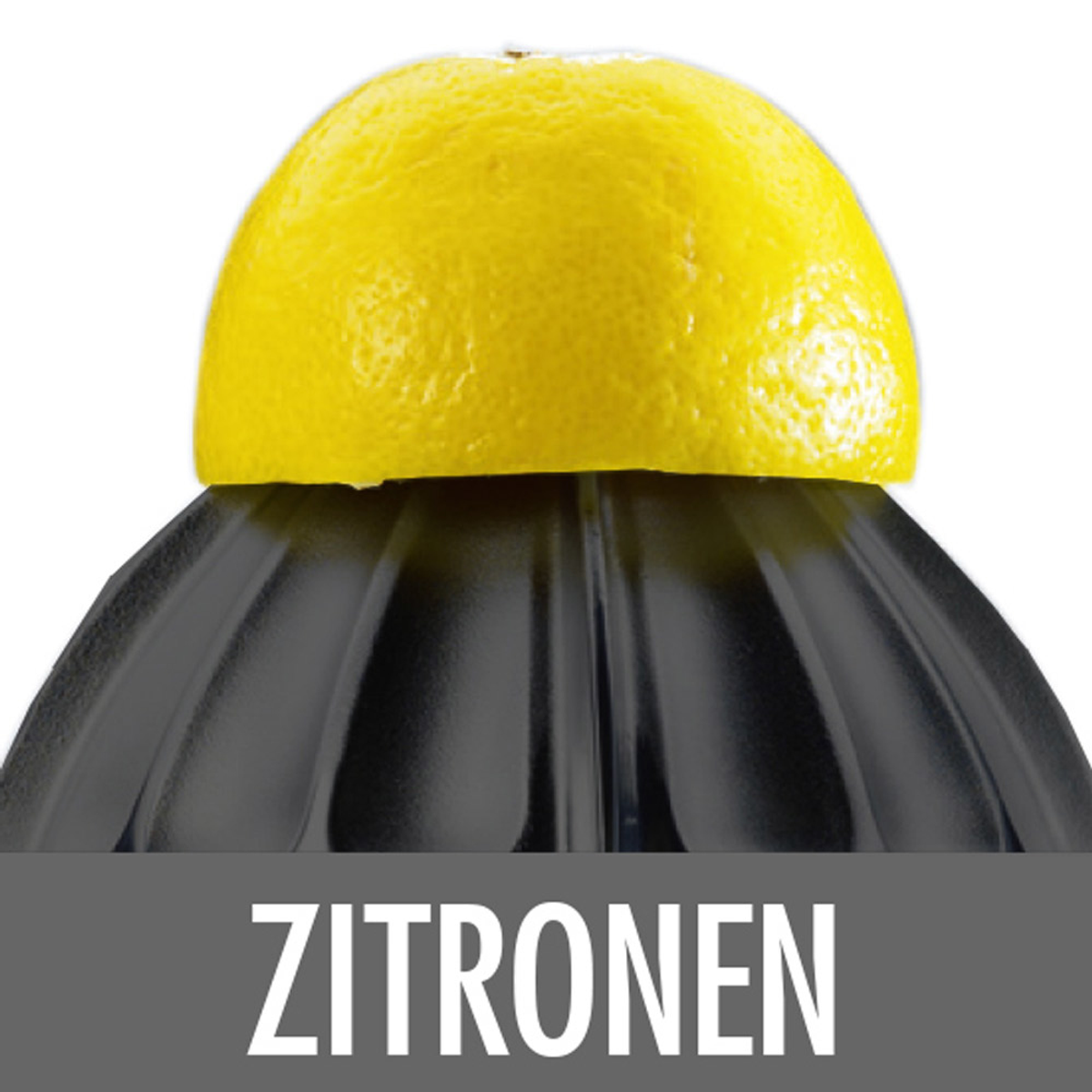 Eine halbierte gelbe Zitrone sitzt auf einem schwarzen manuellen Entsafter, darunter steht 'ZITRONEN'.