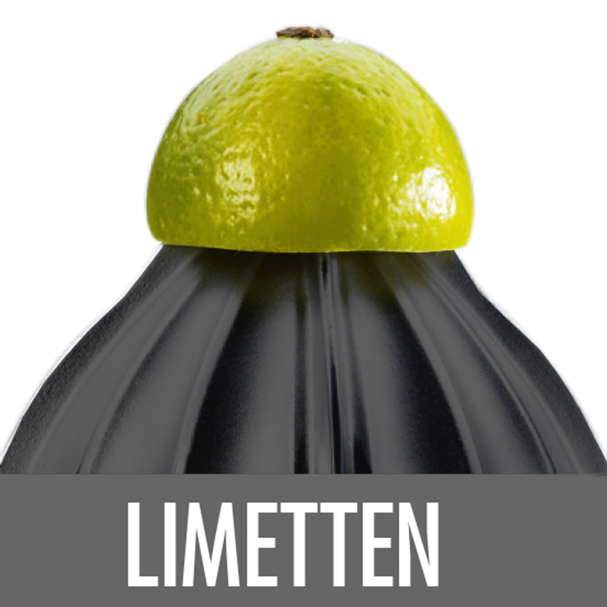 Eine Limette auf einem schwarzen Entsafter mit dem Wort 'LIMETTEN' darunter.