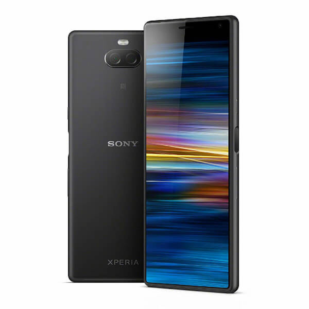 Czarny telefon Sony Xperia, dwa widoki. Przód ma ekran, tył kamerę i logo Sony.