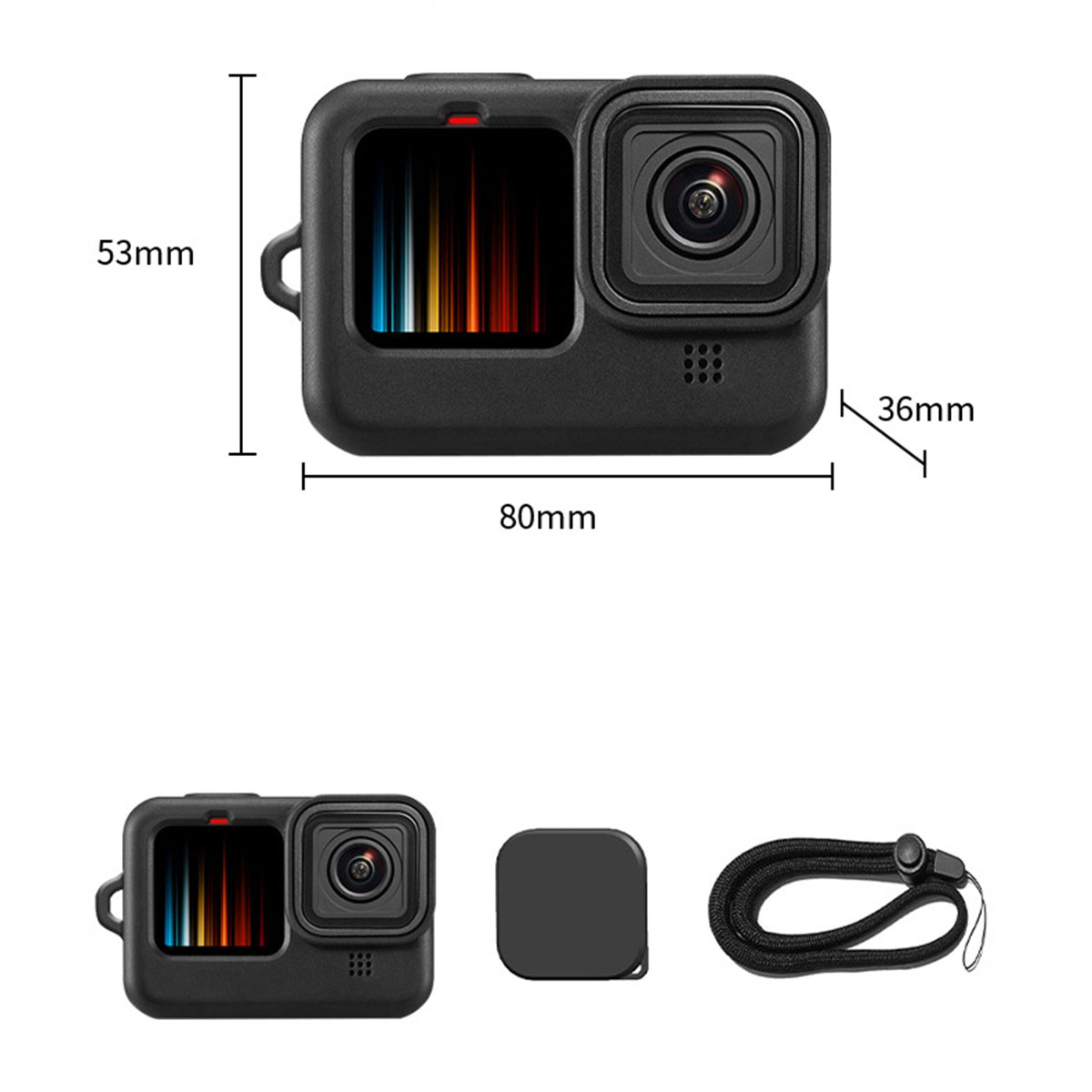 Czarny futerał na aparat z wymiarami i akcesoriami: osłona obiektywu i pasek na nadgarstek.