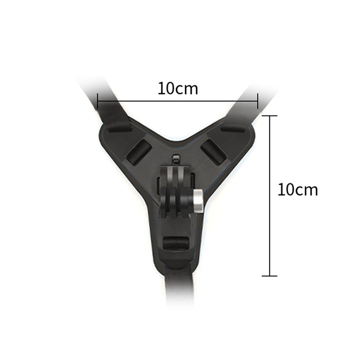 Eine schwarze Y-förmige Halterung mit den Maßen 10 cm Länge, zur Sicherung eines Geräts verwendet.