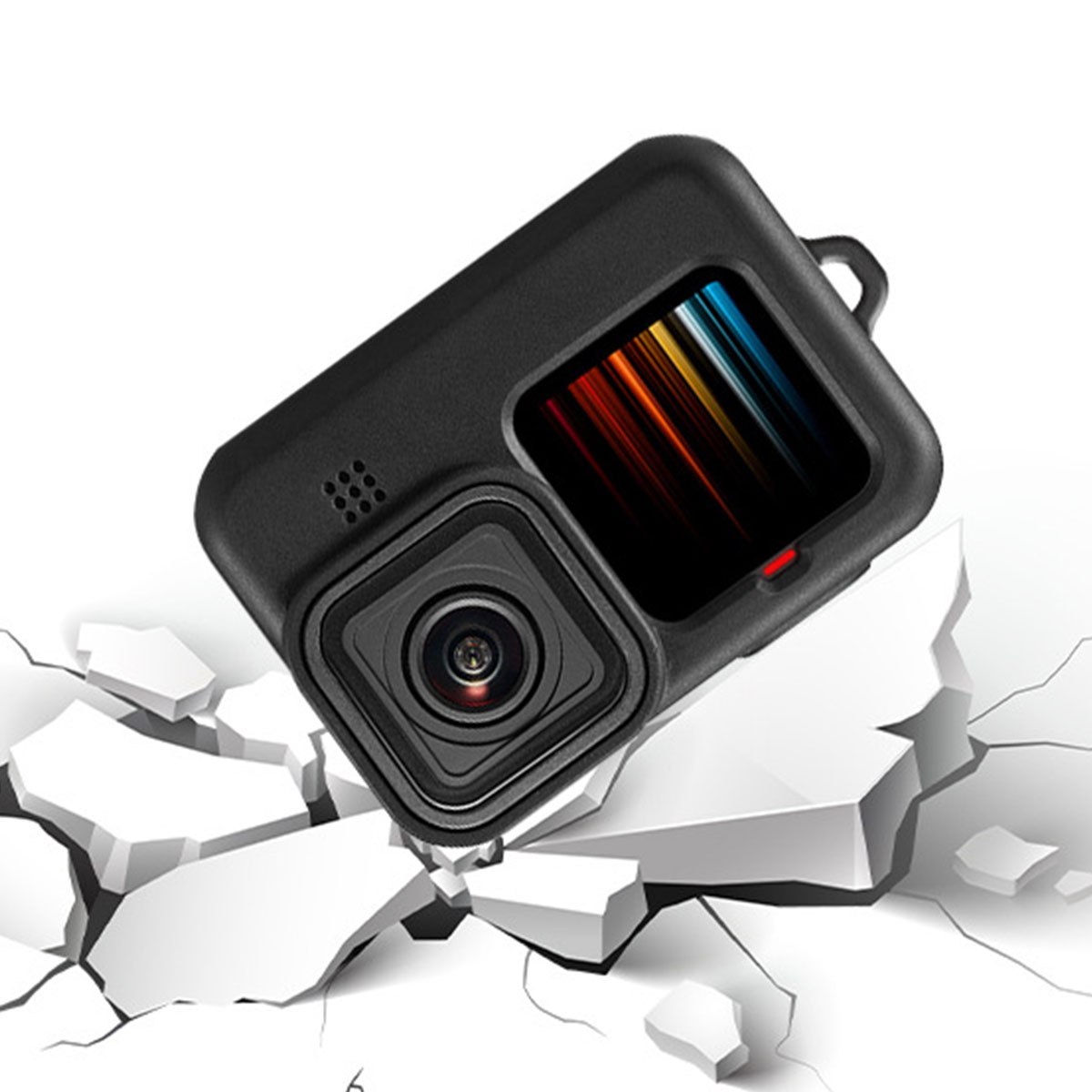 Czarna kamera w ochronnym etui jest ustawiona pod kątem na pękniętej białej powierzchni.