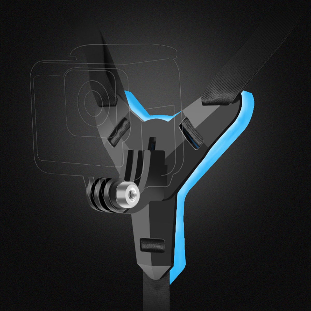 Eine schwarze GoPro-Halterung und blaue Akzente, eine Strichzeichnung der Kamera.