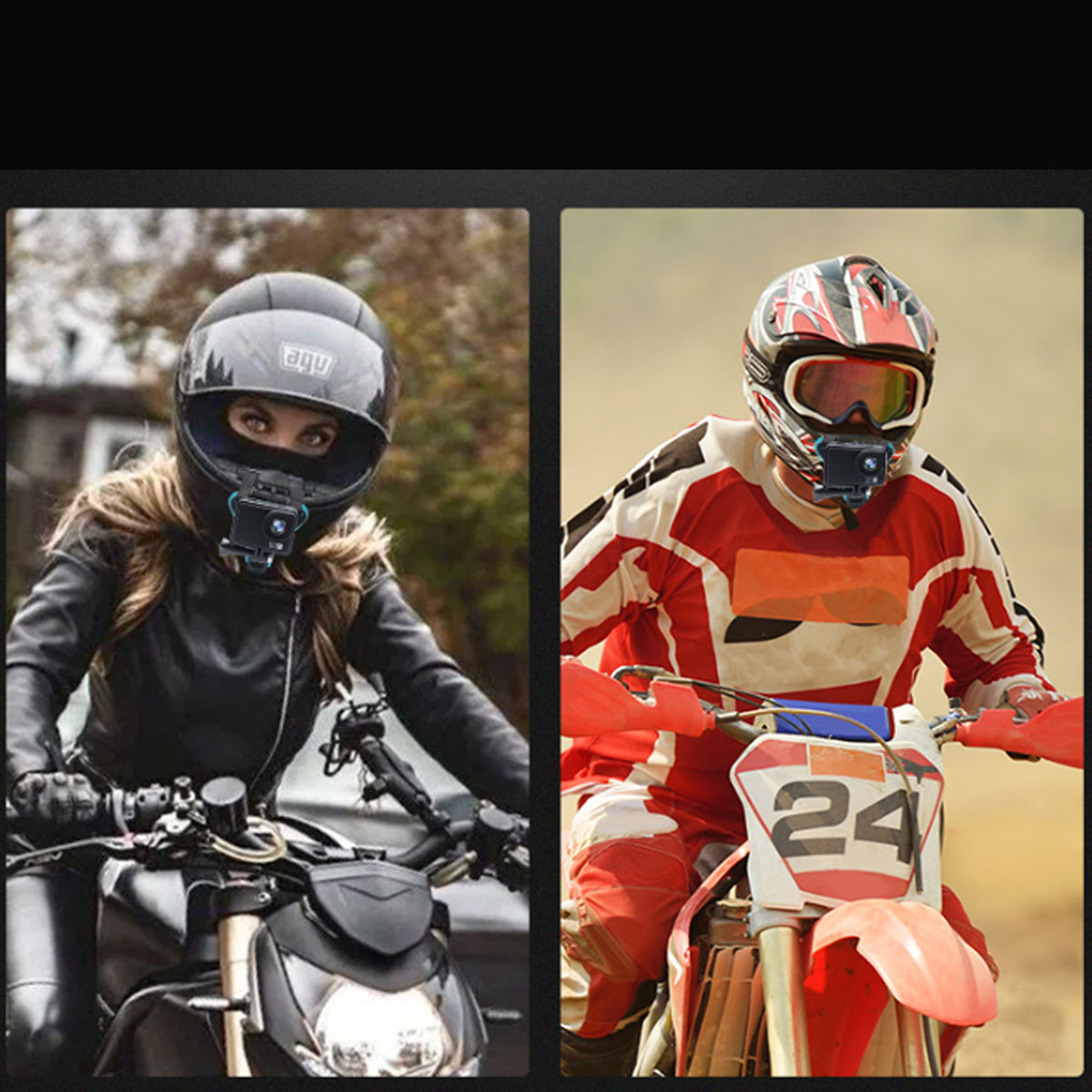 Zwei Motorradfahrer mit Actionkameras auf ihren Helmen.