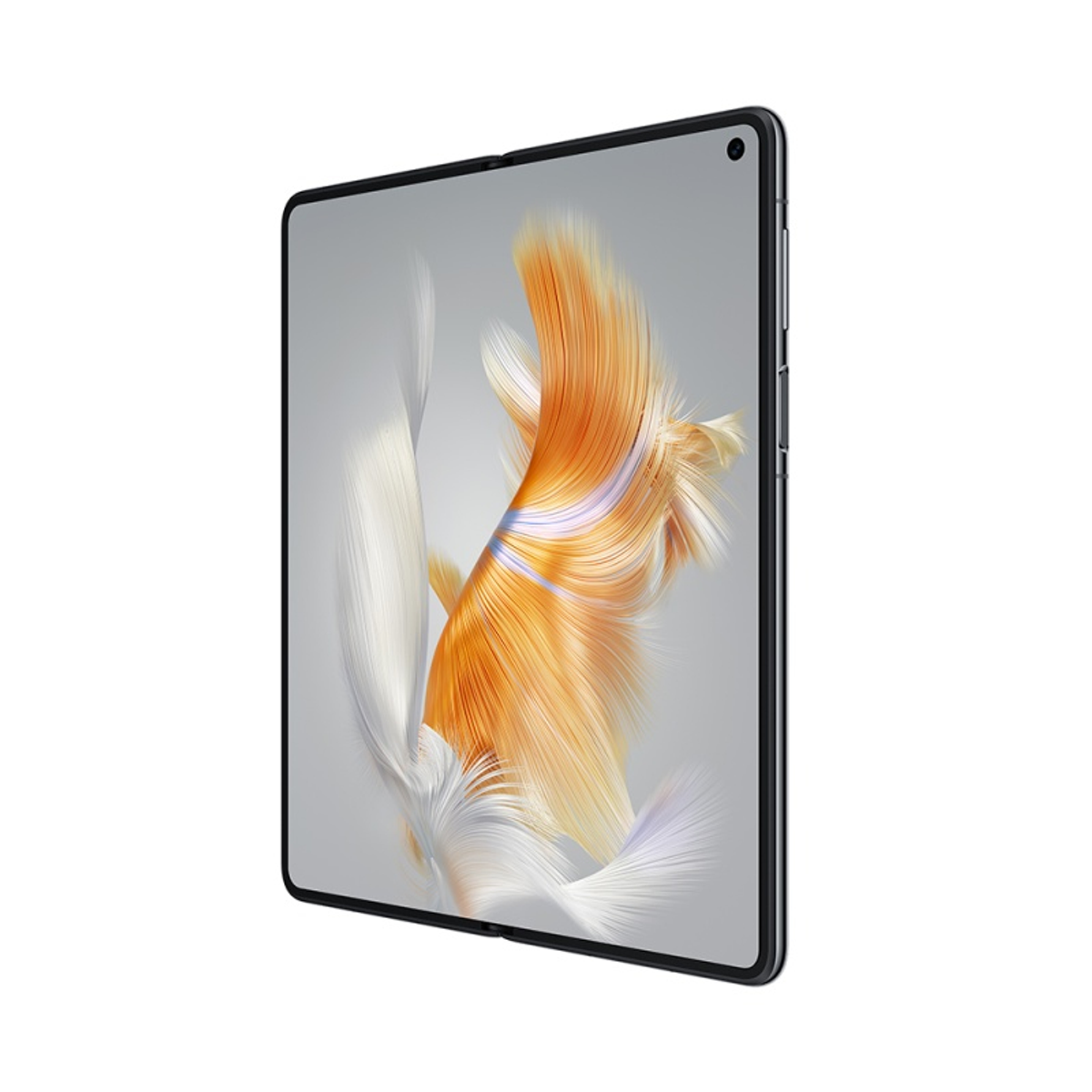 Faltbares Telefon, geöffnet, zeigt ein abstraktes Bild mit weißen und orangen Farbtönen, schwarzer Rahmen, schlankes Design. Winkelansicht.