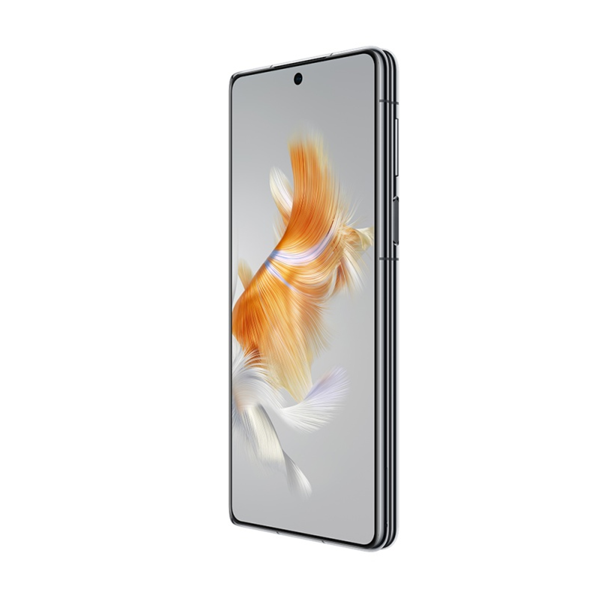 Ein Smartphone mit einem gebogenen Bildschirm und einem dynamischen Hintergrund mit orangefarbenen und weißen Formen.