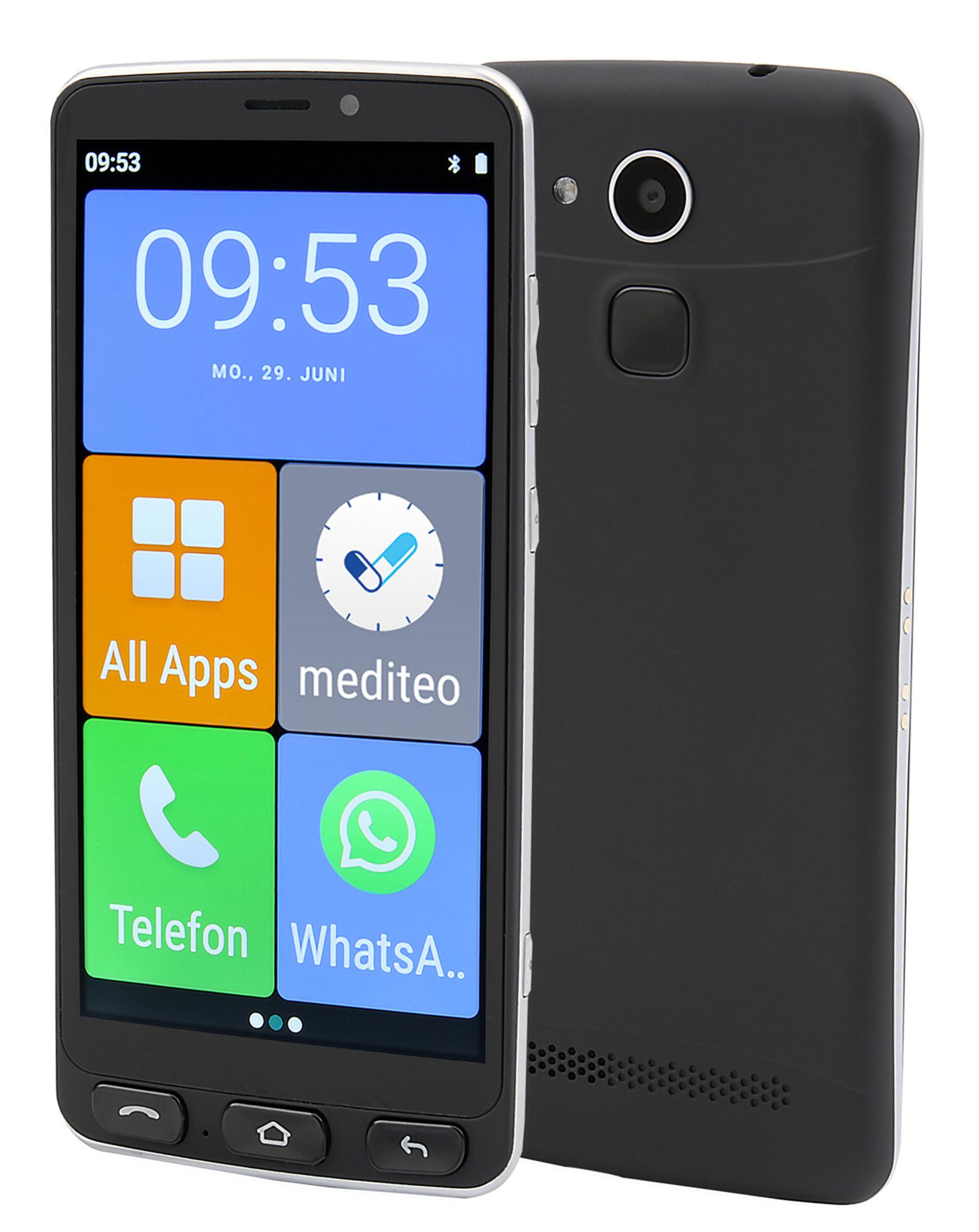 Uno smartphone nero con un ampio display che mostra le app. La parte posteriore è nera con fotocamera e altoparlante.