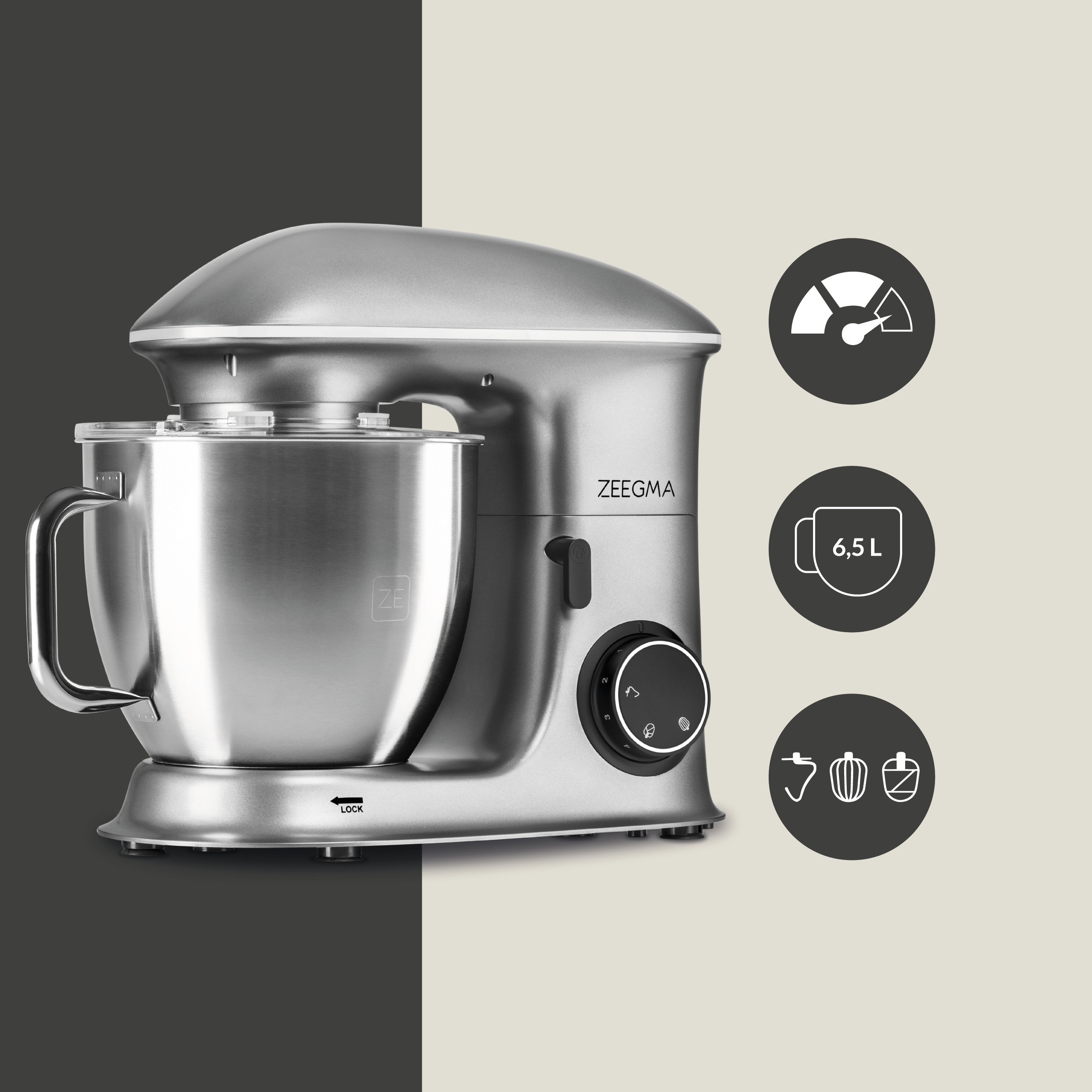 Srebrny mikser stojący Zeegma z misą i ustawieniami prędkości. Ikony pokazują pojemność misy i funkcje.