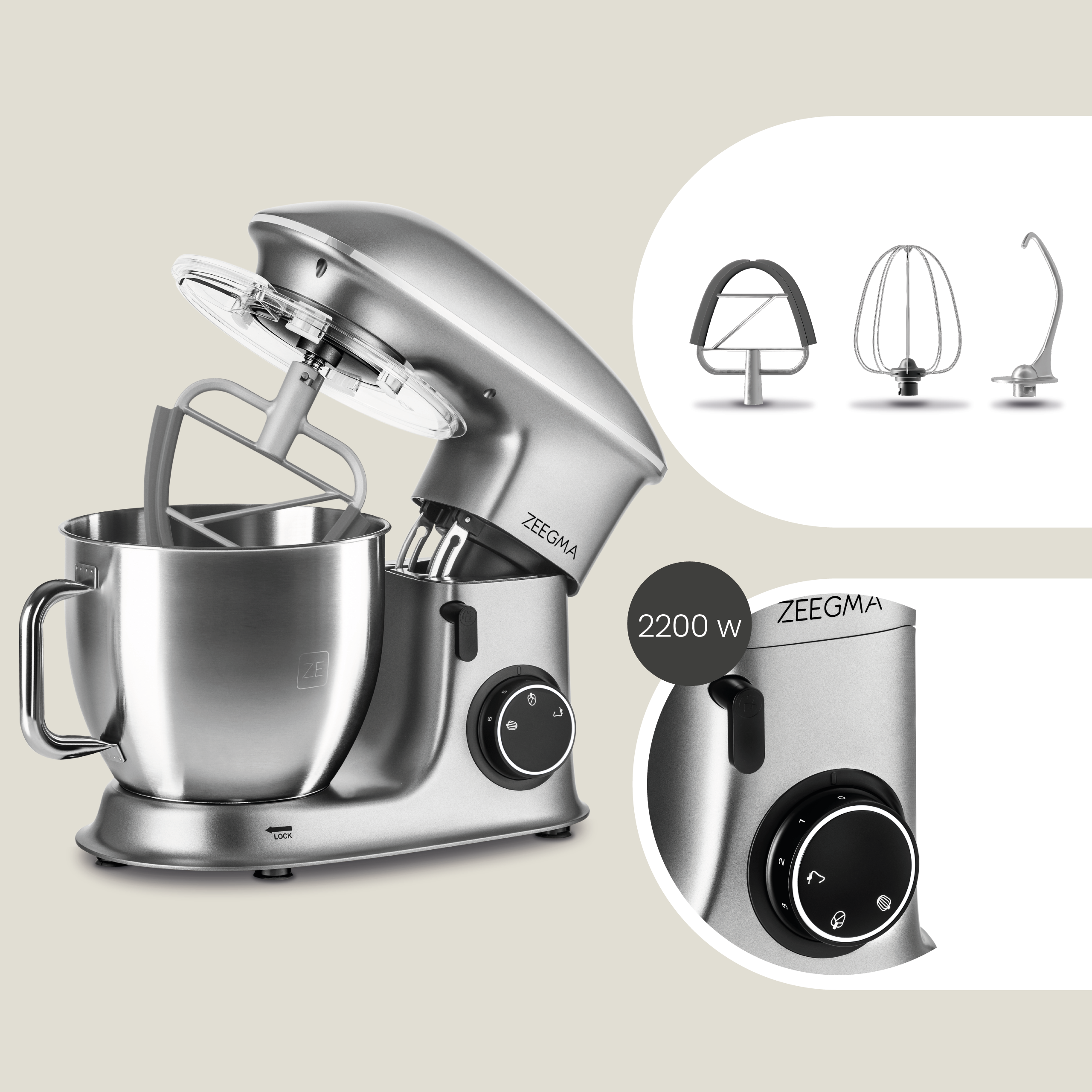 Srebrny mikser stojący Zeegma z przystawkami. Zbliżenie na pokrętło zasilania.