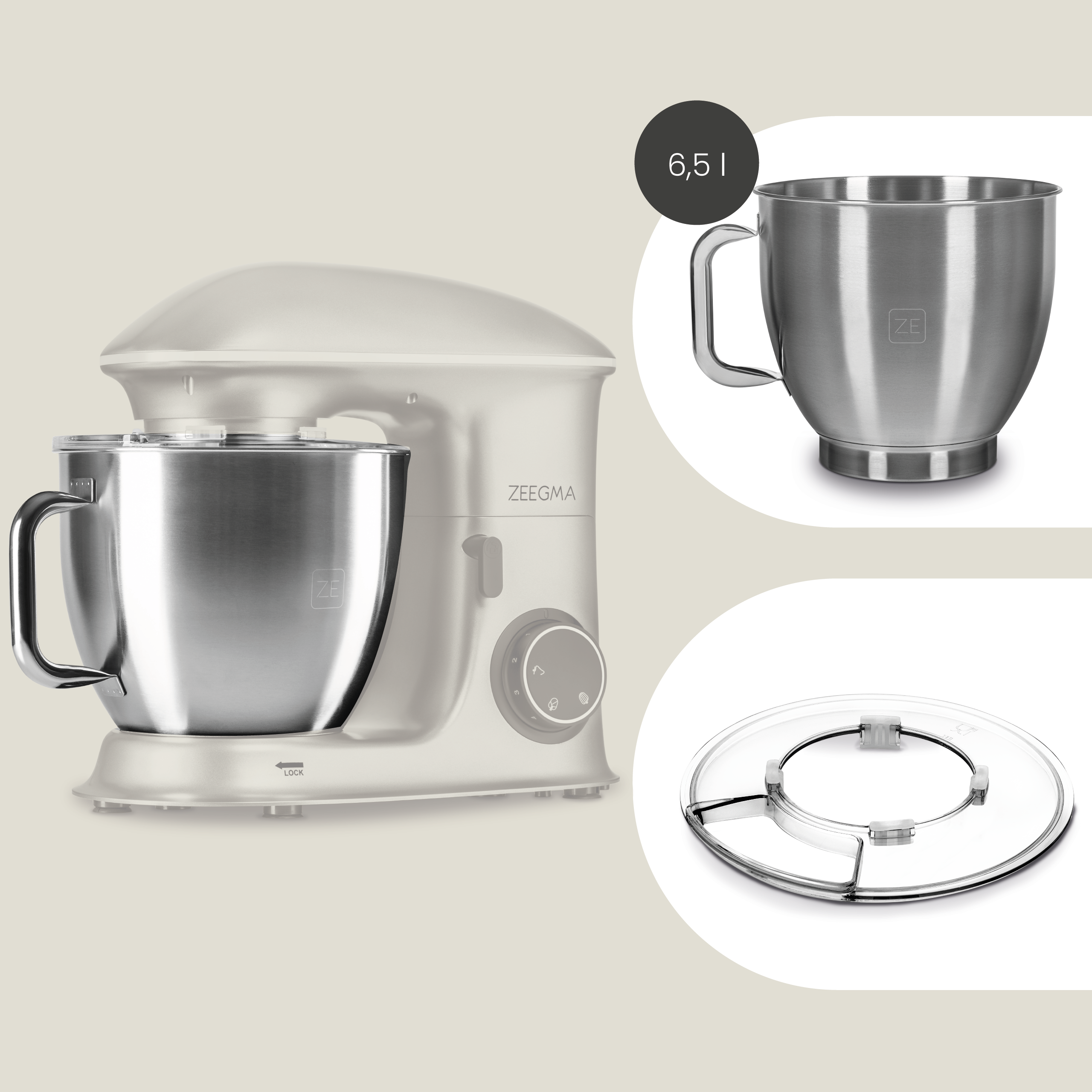 Mikser stojący. Mikser ma srebrną misę i biały korpus. Obok pokrywka i inne akcesoria.