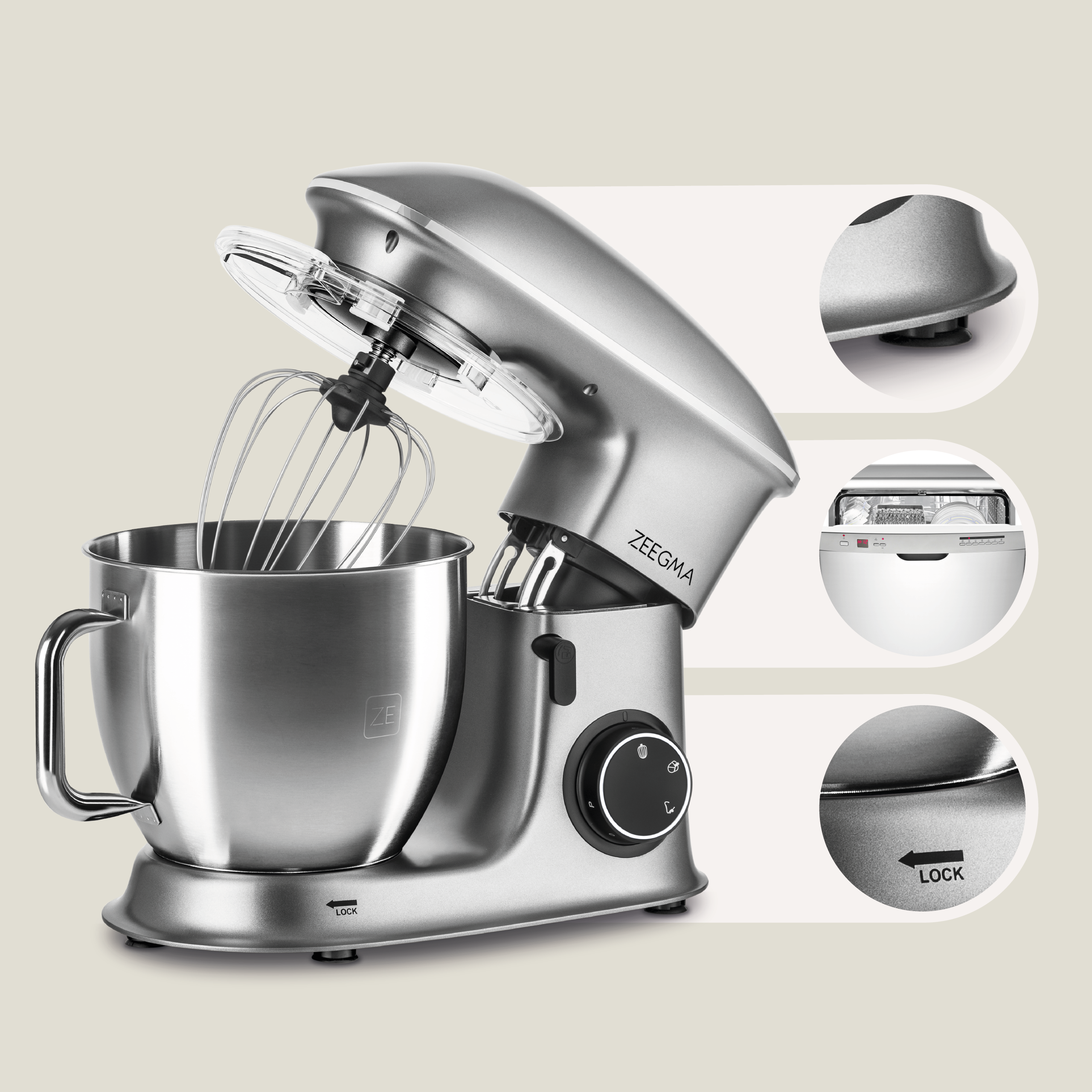 Srebrny mikser stojący z misą, trzepaczką i akcesoriami. Widoczne również zbliżenia szczegółów.