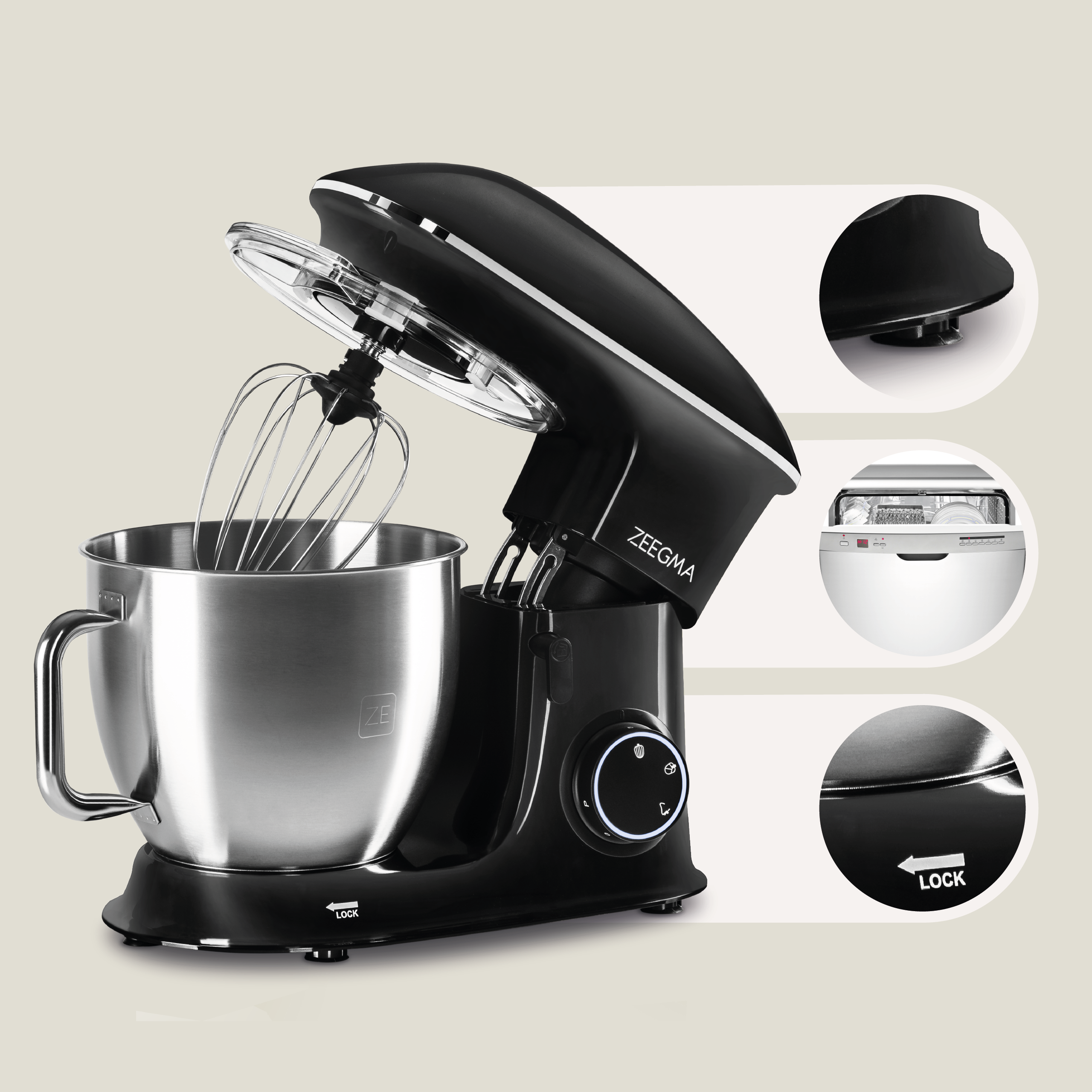 Czarny mikser stojący z misą i trzepaczką ze stali nierdzewnej. Szczegóły po prawej stronie.