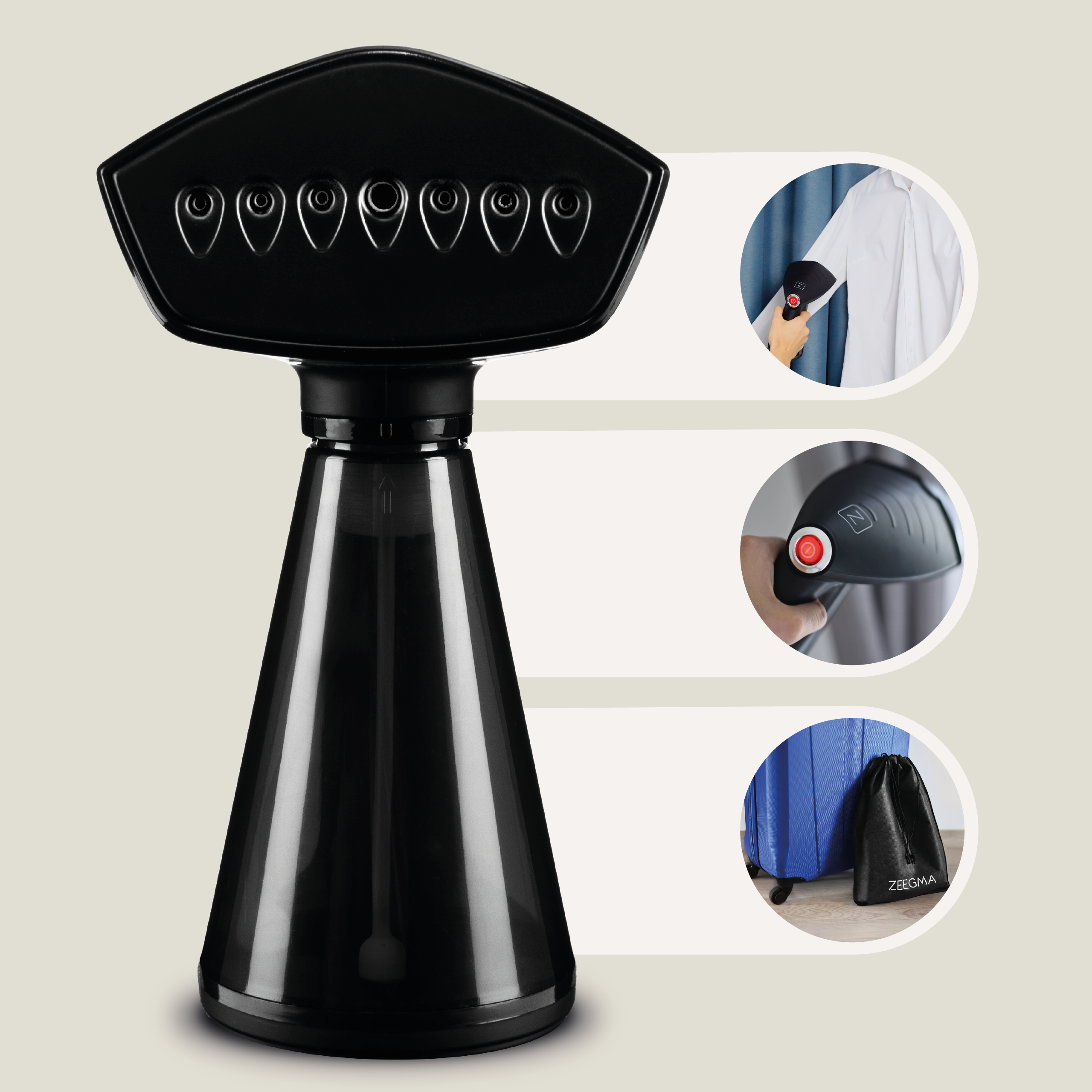 Czarny parownik do ubrań ze szczegółami użytkowania, w tym ubrania i torba podróżna.