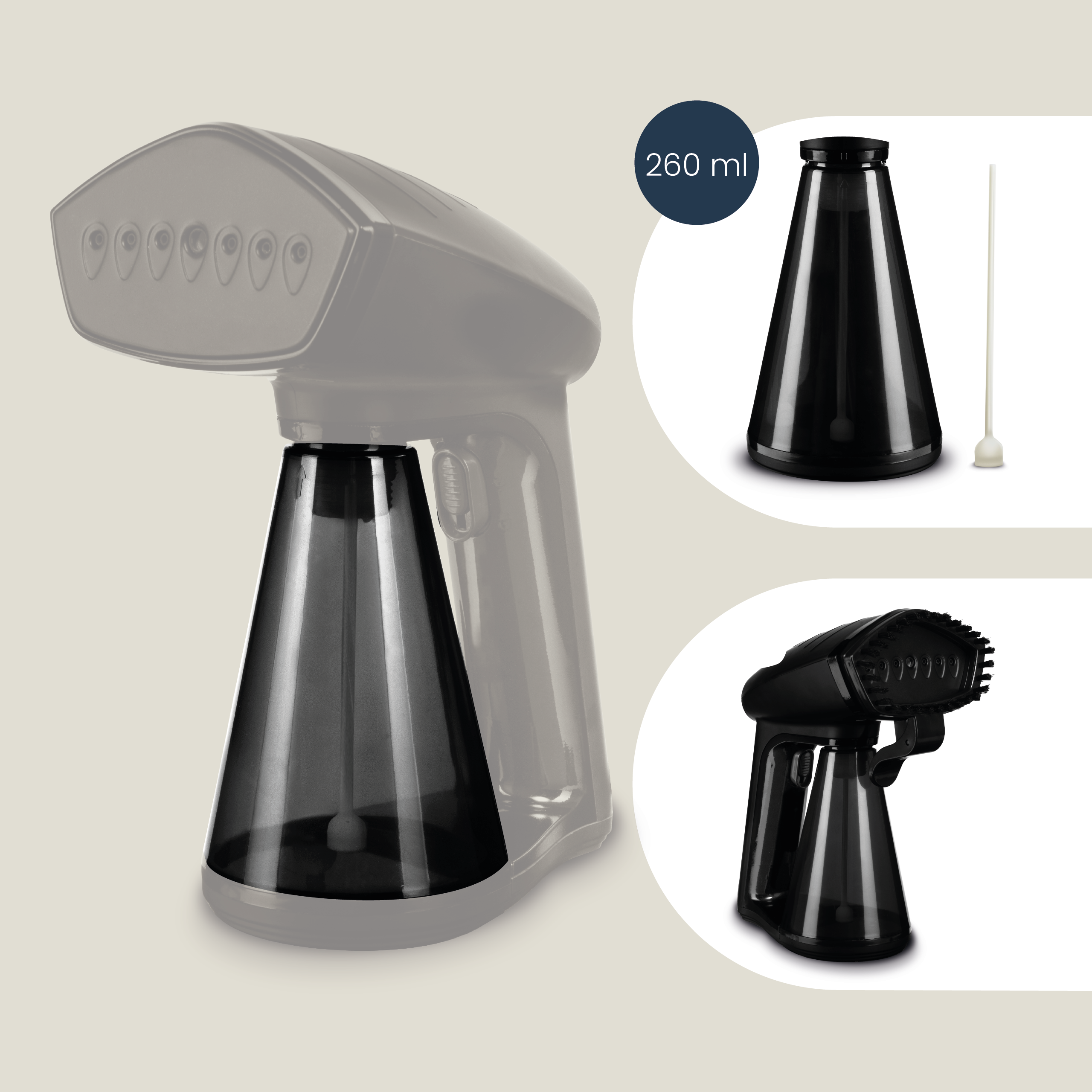 Czarny parownik do ubrań z dodatkowymi częściami, w trzech widokach, na jasnoszarym tle.