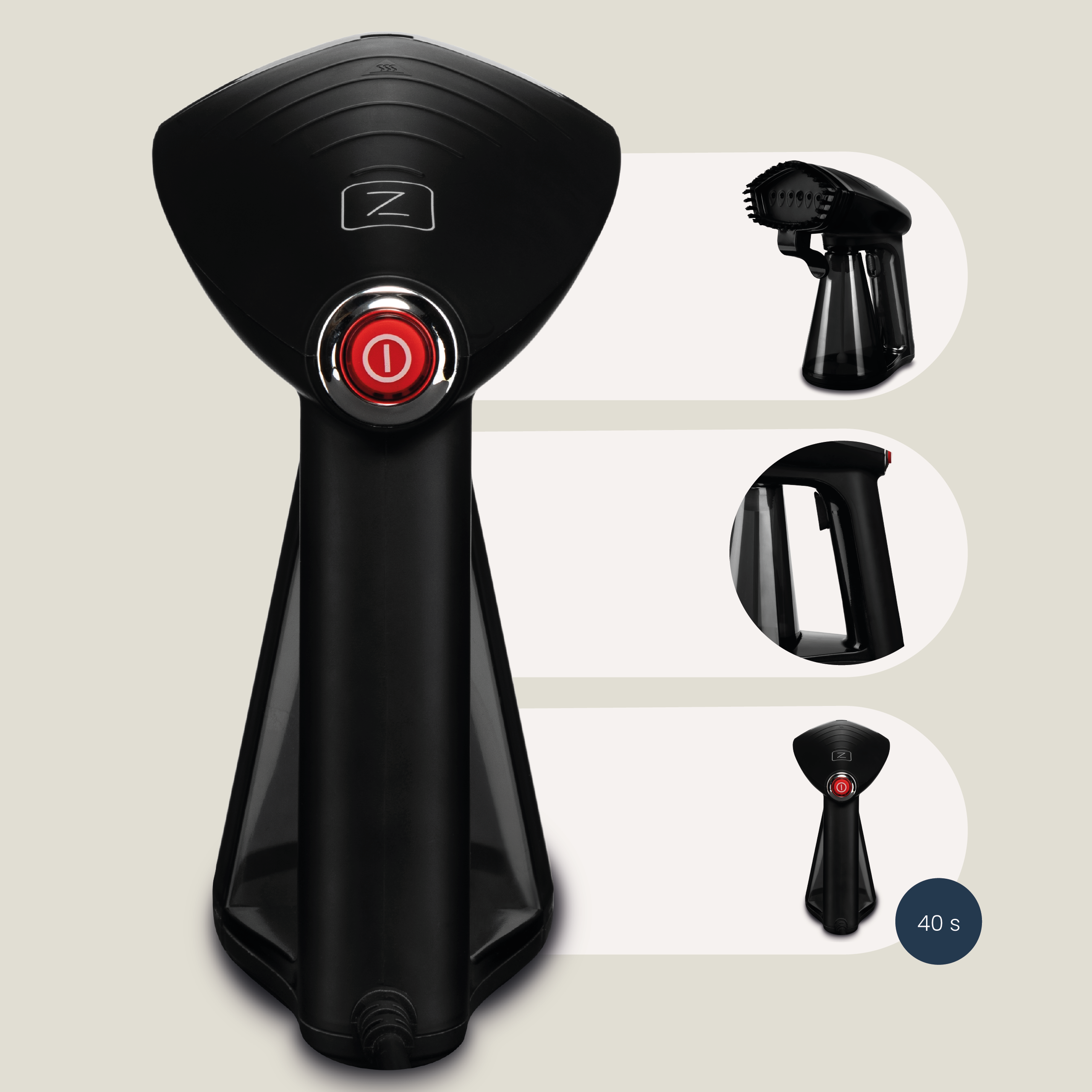 Czarny parownik do ubrań z trzema szczegółowymi zdjęciami, prezentującymi jego cechy i design.