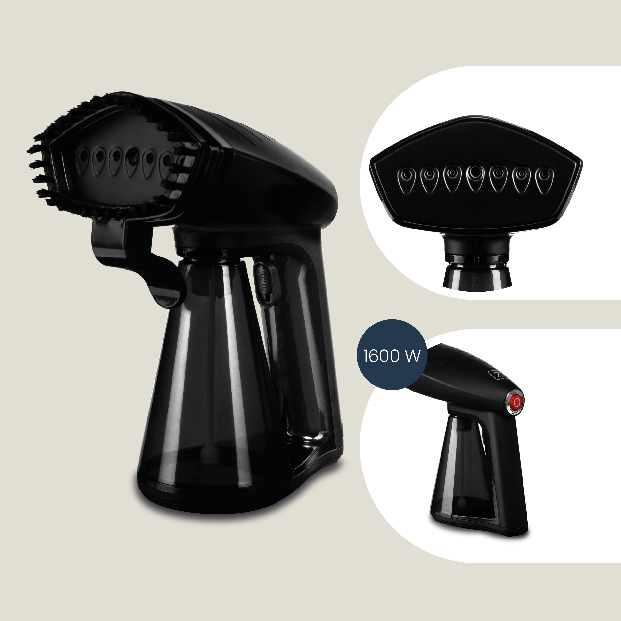 Czarny parownik do ubrań z trzema szczegółowymi widokami, pokazujący głowicę, przód i bok.