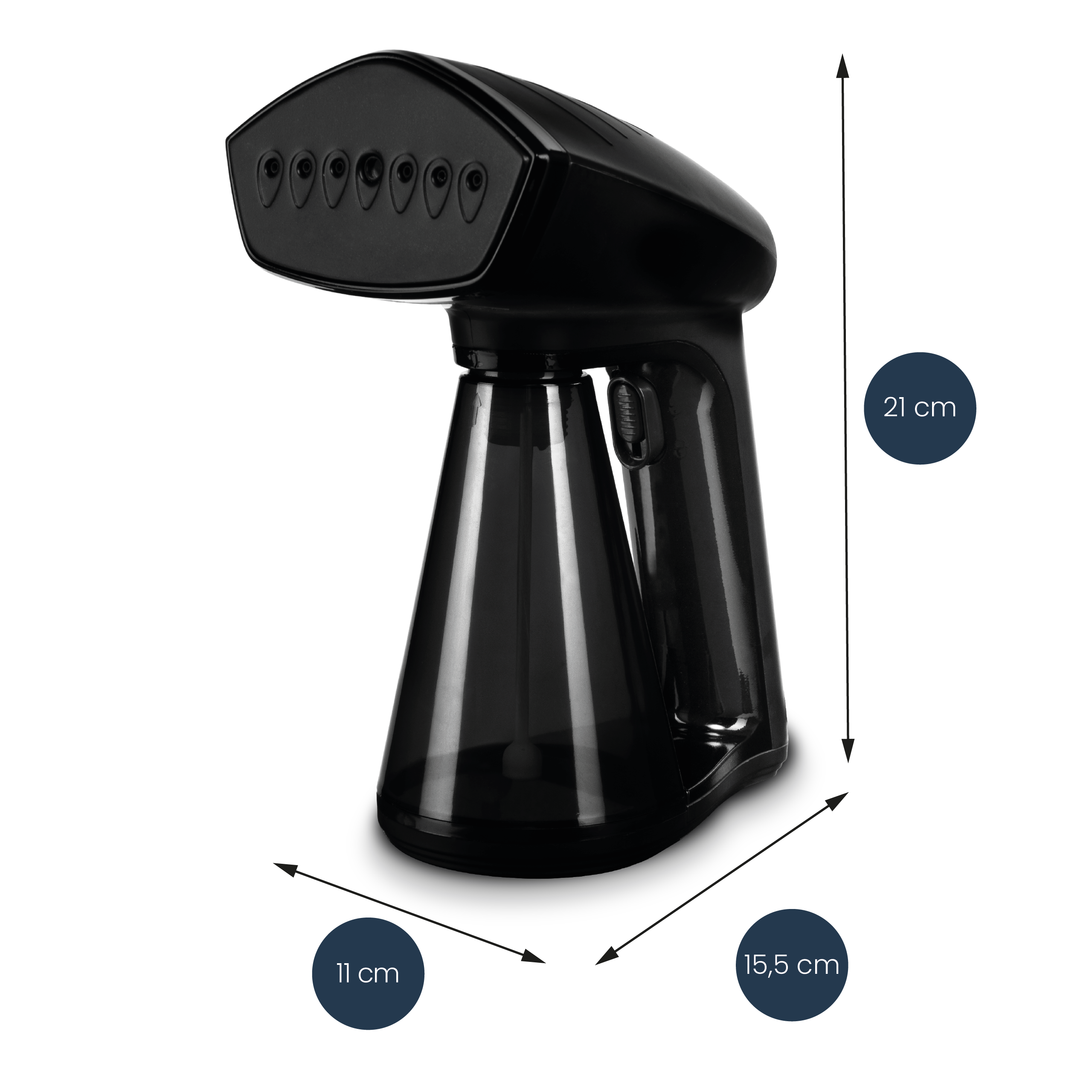 Vapeur de vêtement noir avec dimensions indiquées : 21 cm de haut, 11 cm de large, 15,5 cm de base.