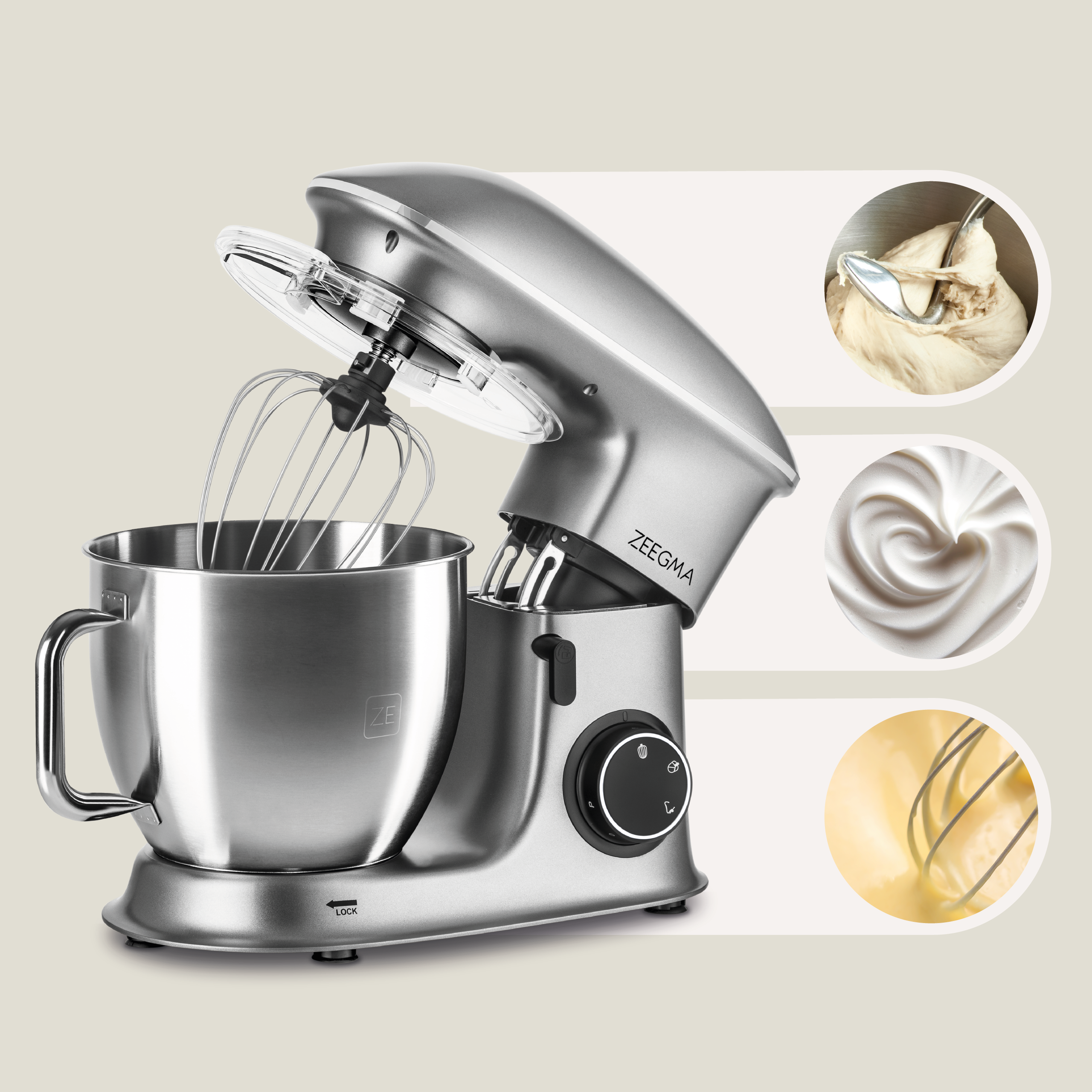Srebrny mikser stojący z przystawkami i przykładami bitej śmietany, ciasta i ciasta.