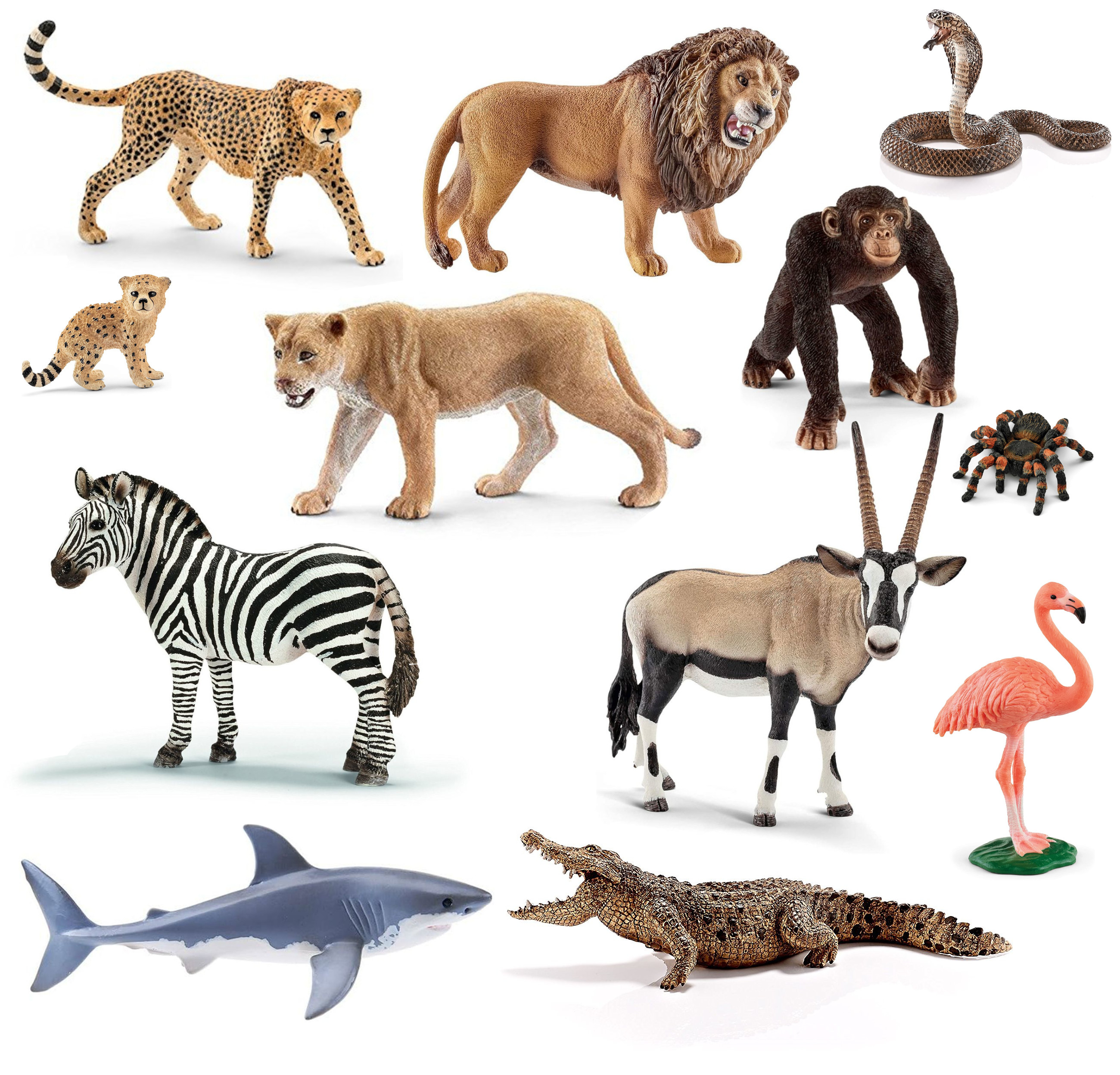 Spielzeugtiere: Zebra, Hai, Gepard, Löwe, Löwin, Affe, Schlange, Tarantel, Oryx, Flamingo.