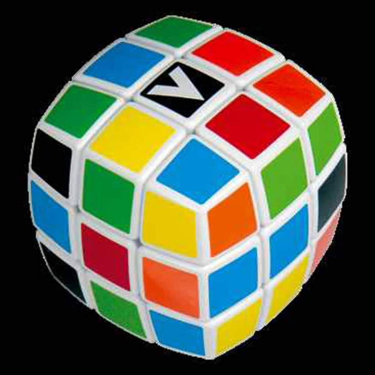 Kulista kostka do układania puzzli z kolorowymi kwadratami: niebieski, zielony, żółty, pomarańczowy, czerwony.